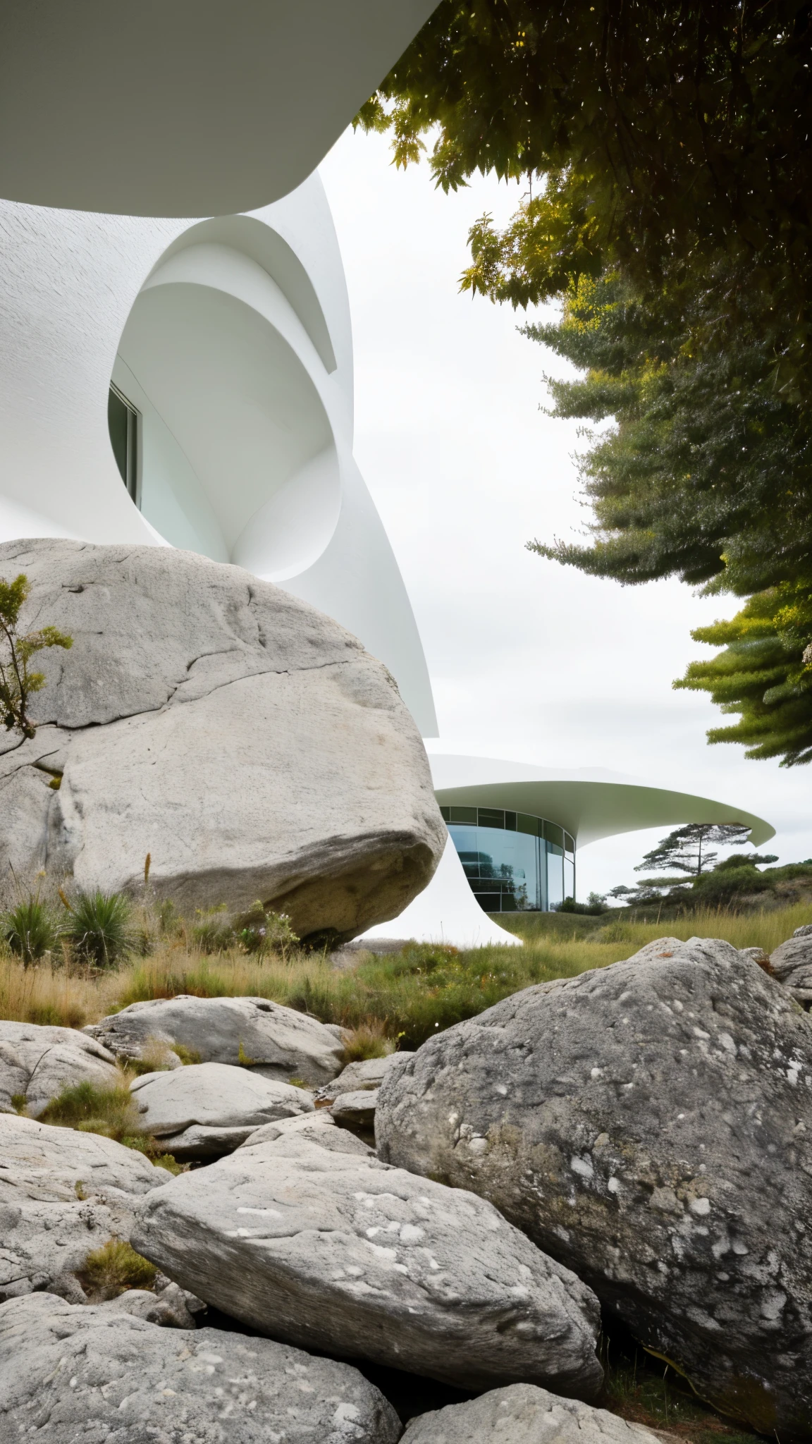 foto crua, (biomorphic museum building seen from outside), ((front elevation)), (limestone), Curvilinear, bordas curvas, Mediterranean sea environment, white sky, (luz difusa:1.3) (areia Branca), estilo minimalista, particulas sujas, fotografia de arquitetura, hiper-realista, super detalhado, 8k, Nikon Z6 mirrorless camera, Film grain