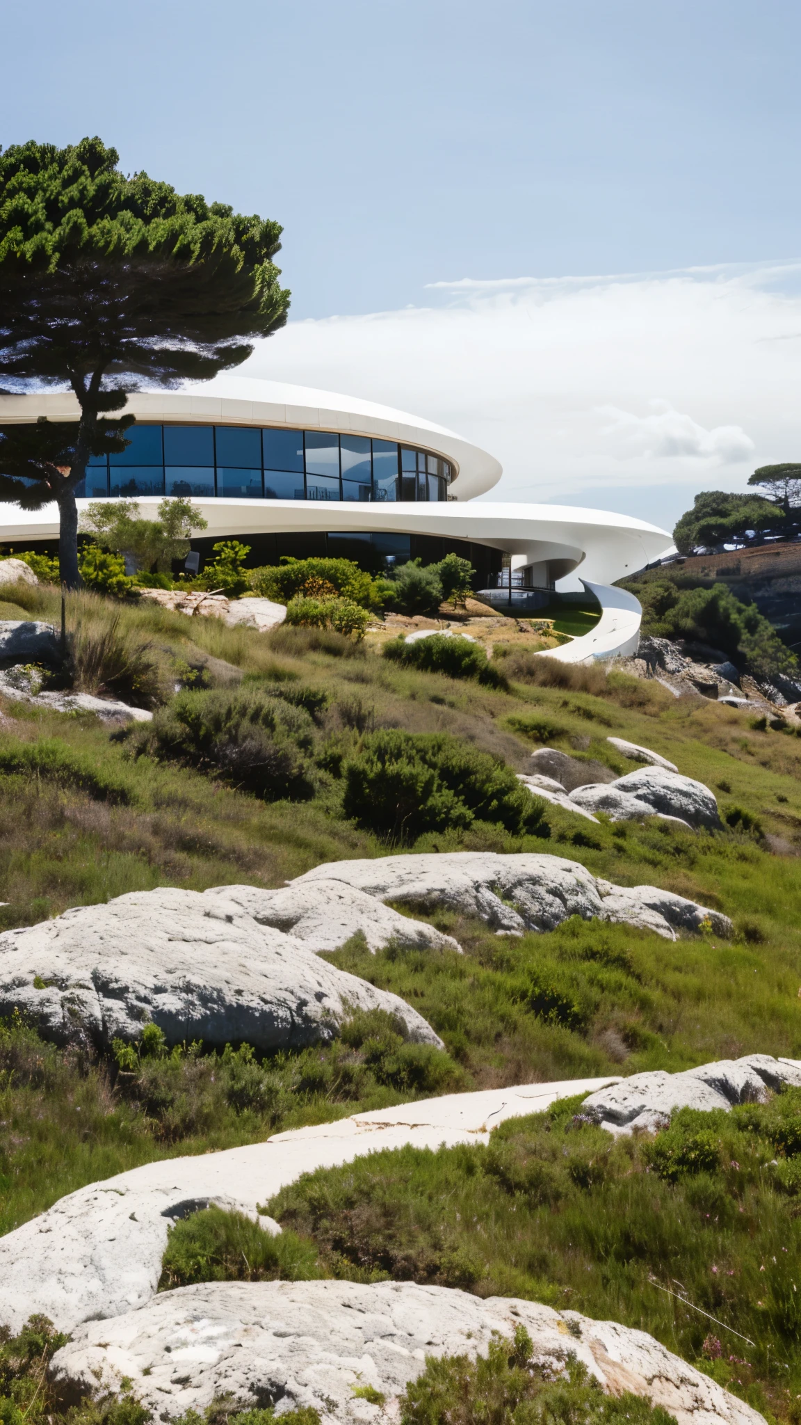 foto crua, (biomorphic museum building seen from outside), ((front elevation)), (limestone), Curvilinear, bordas curvas, Mediterranean sea environment, white sky, (luz difusa:1.3) (areia Branca), estilo minimalista, particulas sujas, fotografia de arquitetura, hiper-realista, super detalhado, 8k, Nikon Z6 mirrorless camera, Film grain