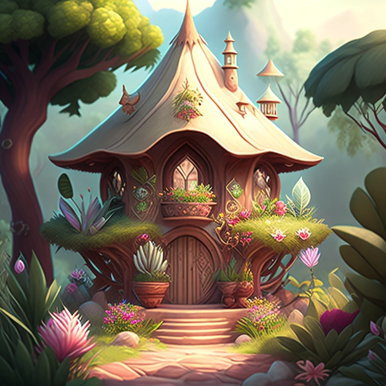 Casa estilo dibujos animados, Flores y plantas, elementos magicos, mobile game， bosque y plantas, a touch of elementos magicos, contornos de animales.