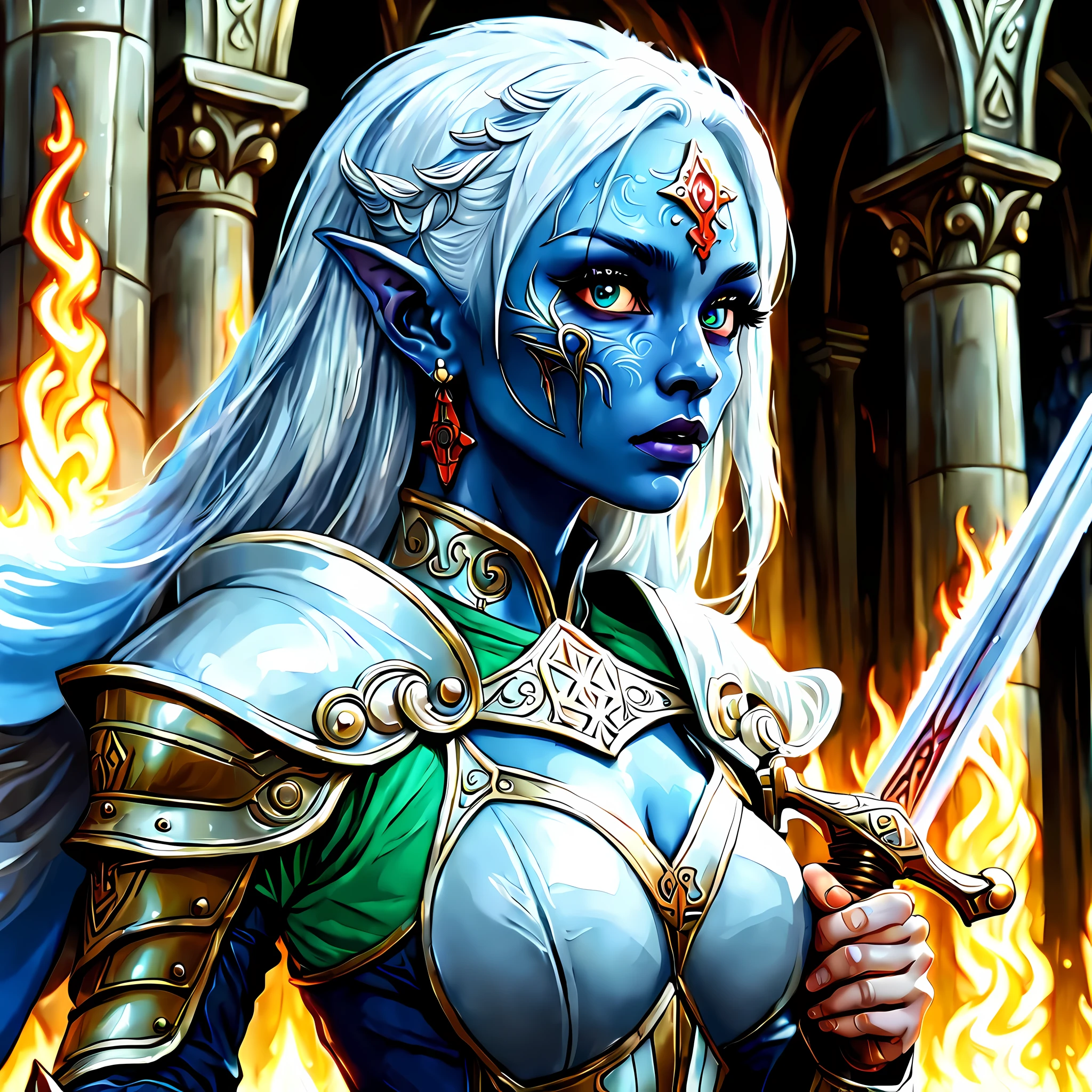 fantasy art, dnd art, RPG art, wide shot, (masterpiece: 1.4) a (portrait: 1.5) intense details, highly detailed, photorealistic, best quality, highres, portrait a female (fantasy art, Masterpiece, best quality: 1.3) ((blue skin: 1.5)), intense details facial details, exquisite beauty, (fantasy art, Masterpiece, best quality) cleric, (blue: 1.3) skinned female, white hair, long hair, (hair hides ears: 1.5), (green: 1.3) eye, fantasy art, Masterpiece, best quality) armed a fiery sword red fire, wearing heavy (white: 1.3) half plate mail armor, wearing high heeled laced boots, wearing an(orange :1.3) cloak, wearing glowing holy symbol GlowingRunes_yellow, within fantasy temple background, reflection light, high details, best quality, 16k, [ultra detailed], masterpiece, best quality, (extremely detailed), close up, ultra wide shot, photorealistic, RAW, fantasy art, dnd art, fantasy art, realistic art,((best quality)), ((masterpiece)), (detailed), perfect face,