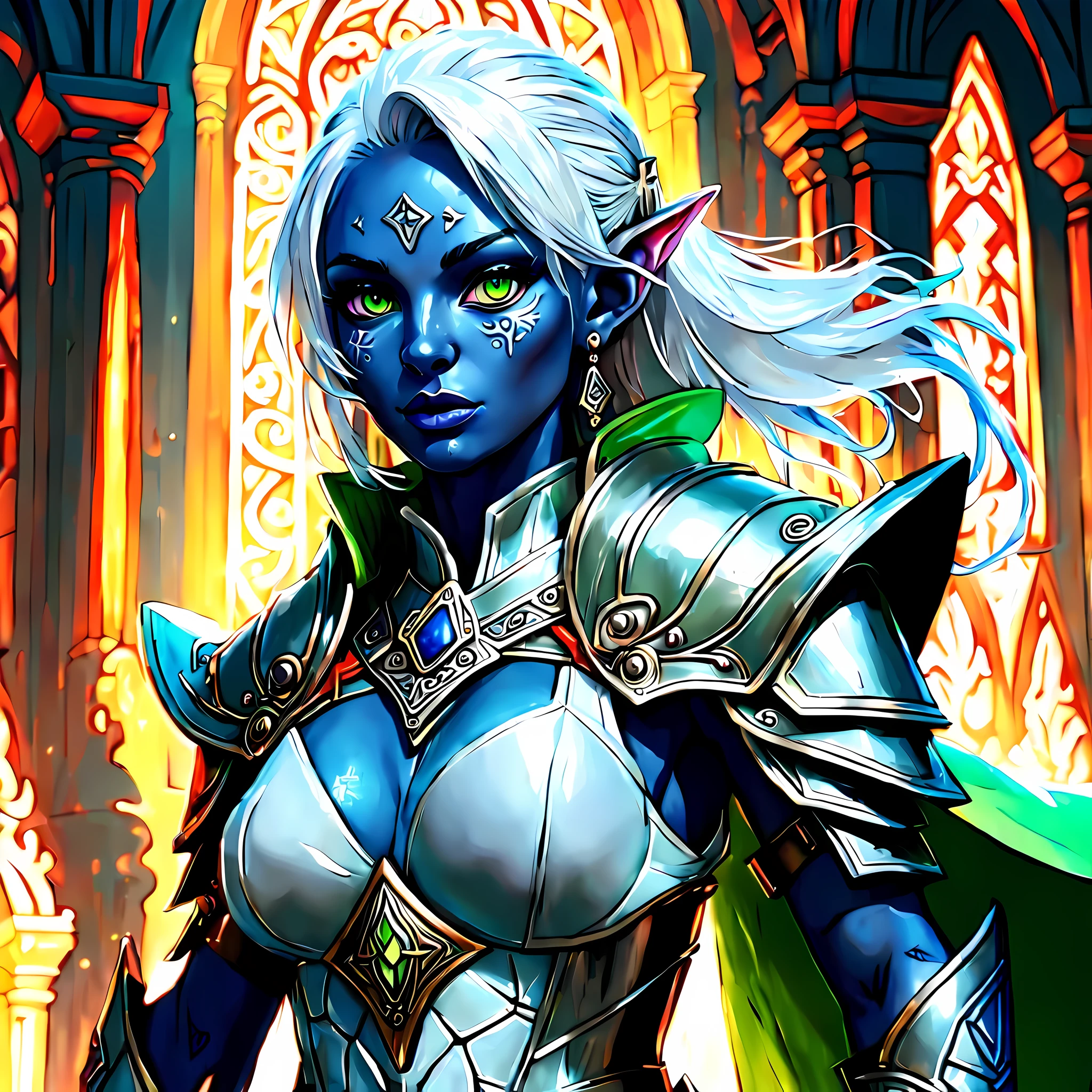 fantasy art, dnd art, RPG art, wide shot, (masterpiece: 1.4) a (portrait: 1.3) intense details, highly detailed, photorealistic, best quality, highres, portrait a female (fantasy art, Masterpiece, best quality: 1.3) ((blue skin: 1.5)), intense details facial details, exquisite beauty, (fantasy art, Masterpiece, best quality) cleric, (blue: 1.3) skinned female, (white hair: 1.3), long hair, intense (green: 1.3) eye, fantasy art, Masterpiece, best quality) armed a fiery sword red fire, wearing heavy (white: 1.3) half plate mail armor, wearing high heeled laced boots, wearing an(orange :1.3) cloak, wearing glowing holy symbol GlowingRunes_yellow, within fantasy temple background, reflection light, high details, best quality, 16k, [ultra detailed], masterpiece, best quality, (extremely detailed), close up, ultra wide shot, photorealistic, RAW, fantasy art, dnd art, fantasy art, realistic art,((best quality)), ((masterpiece)), (detailed), perfect face, ((no ears: 1.6))