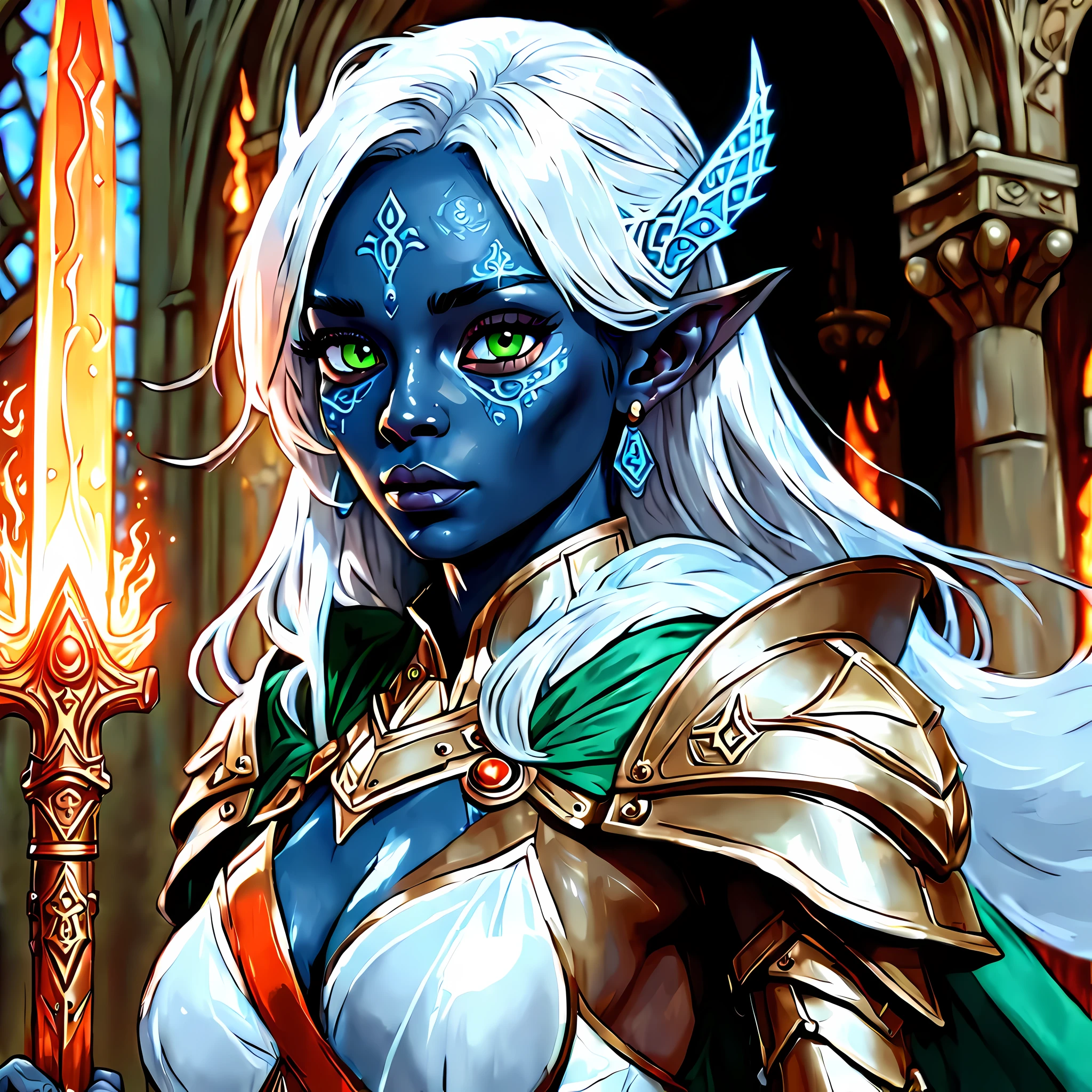 fantasy art, dnd art, RPG art, wide shot, (masterpiece: 1.4) a (portrait: 1.3) intense details, highly detailed, photorealistic, best quality, highres, portrait a female (fantasy art, Masterpiece, best quality: 1.3) ((blue skin: 1.5)), intense details facial details, exquisite beauty, (fantasy art, Masterpiece, best quality) cleric, (blue: 1.3) skinned female, (white hair: 1.3), long hair, intense (green: 1.3) eye, fantasy art, Masterpiece, best quality) armed a fiery sword red fire, wearing heavy (white: 1.3) half plate mail armor, wearing high heeled laced boots, wearing an(orange :1.3) cloak, wearing glowing holy symbol GlowingRunes_yellow, within fantasy temple background, reflection light, high details, best quality, 16k, [ultra detailed], masterpiece, best quality, (extremely detailed), close up, ultra wide shot, photorealistic, RAW, fantasy art, dnd art, fantasy art, realistic art,((best quality)), ((masterpiece)), (detailed), perfect face, ((no ears: 1.6))