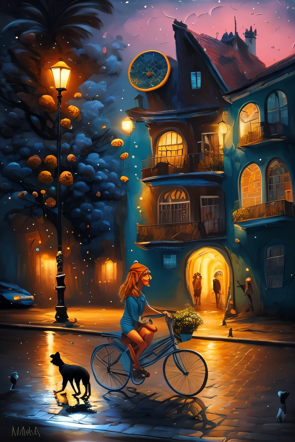 pintura de uma andando de bicicleta com um gato e um cachorro, linda arte, arte inspiradora, arte caprichosa, arte linda, bela pintura, linda artework, romantic painting, artistic art trends, expressive bela pintura, ( ( Montanha Mads ) ), powder Nándor Katona, on a street at night, noite de primavera, wow it's beautiful