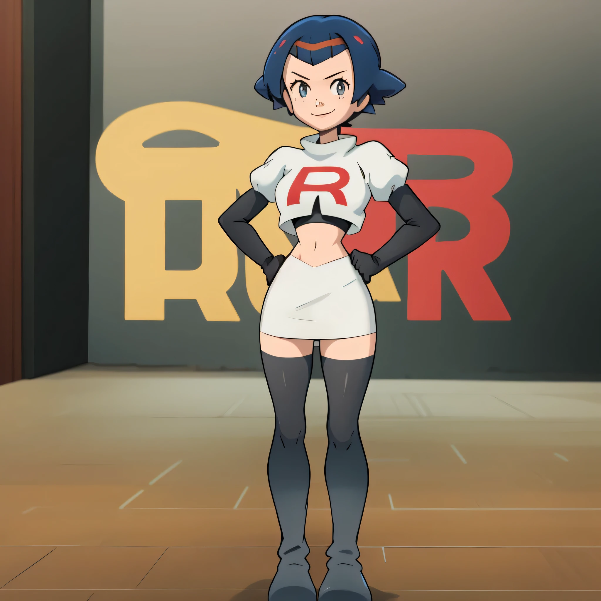 8k, anime screencap,1girl in, (solo:1.1), (perfect body:1.1), (best quality:1.1), very large breast, team rocket uniform, red letter r, white skirt,white crop top,black thigh-high boots, black elbow gloves, evil smile, looking down at viewer, hands on hips,zettai ryouiki,