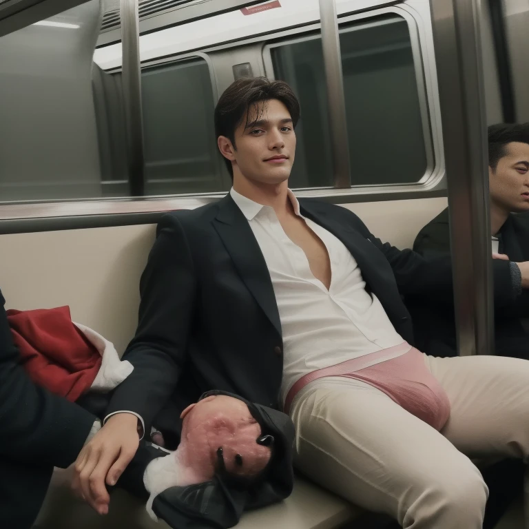 man in the subway， Ultra-flat head，Wearing a suit，huge bulge, leg apart，musculous，Handsome， pervert smirk， Exposing thighs， In crowded subway cars， 16k resolution , ultra-high clarity , hyperrealism , ultra hd picture , uhd , details face , details , handsome man , high quality , Sit next to you、Lean on the man next to you , nsfw , sexy , eroticism , sitting side by side , wearing thong
