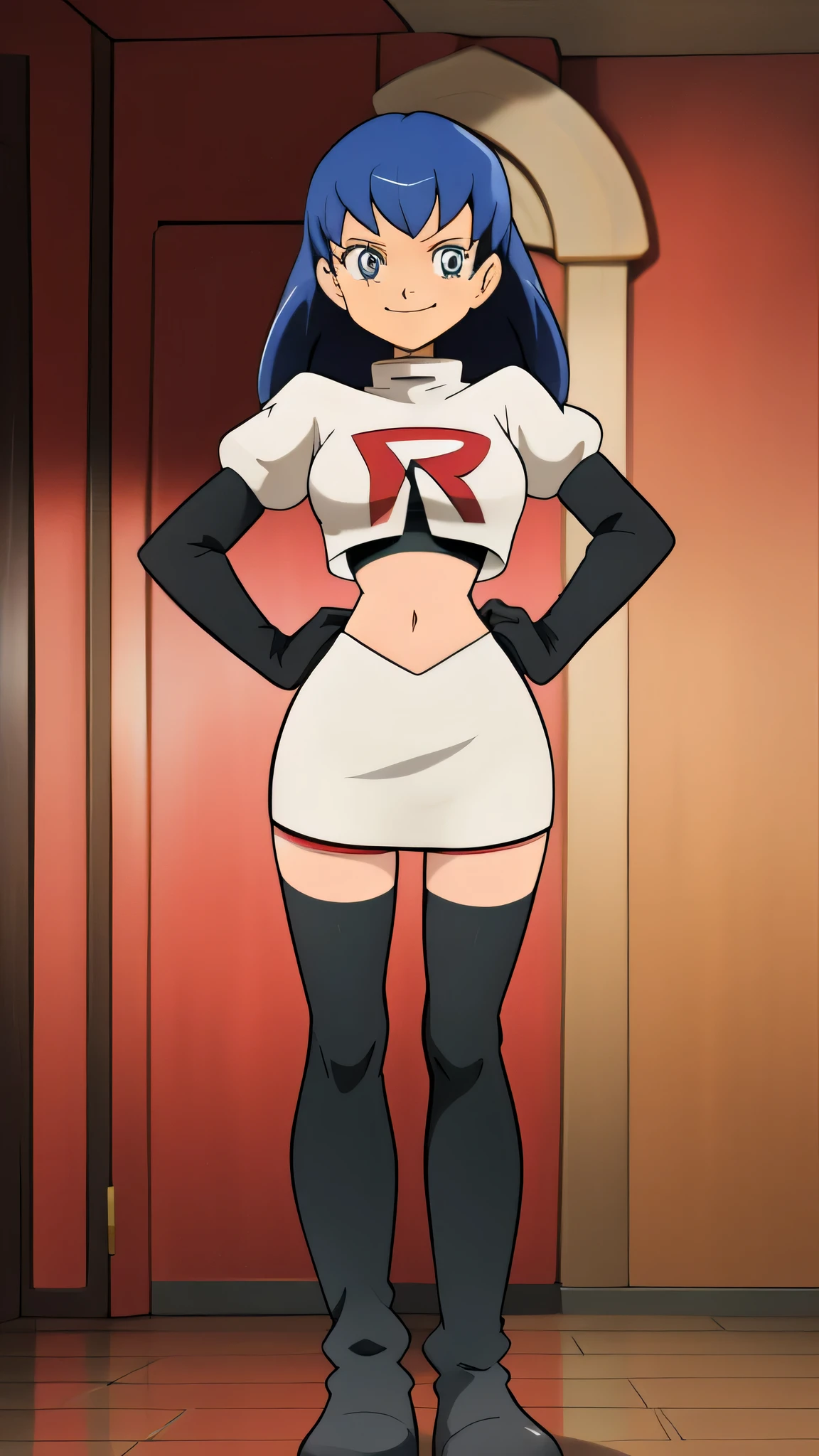 8k, anime screencap,1girl in, (solo:1.1), (perfect body:1.1), (best quality:1.1), very large breast, team rocket uniform, red letter r, white skirt,white crop top,black thigh-high boots, black elbow gloves, evil smile, looking down at viewer, hands on hips,zettai ryouiki,