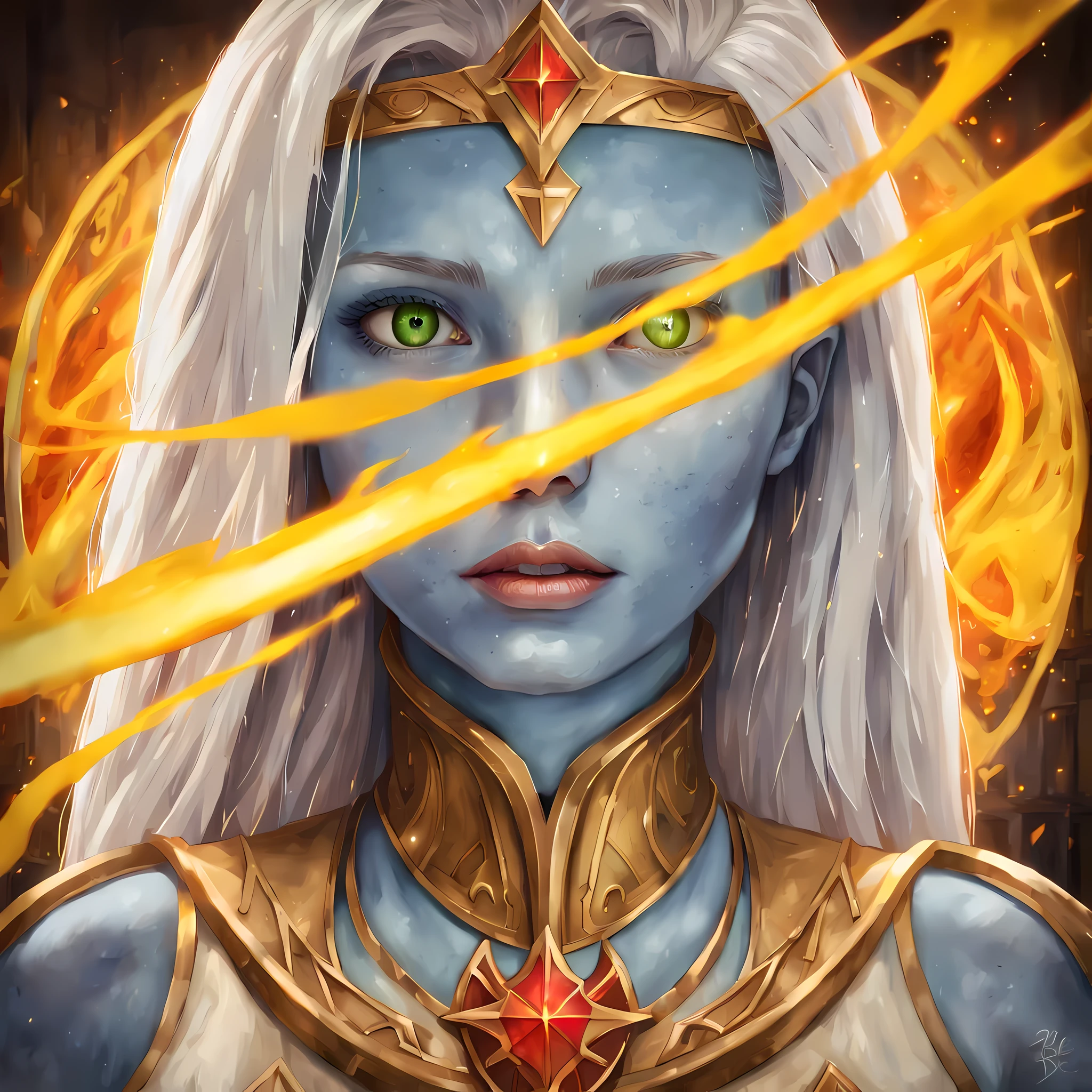 fantasy art, dnd art, RPG art, wide shot, (masterpiece: 1.4) a (portrait: 1.3) intense details, highly detailed, photorealistic, best quality, highres, portrait a female (fantasy art, Masterpiece, best quality: 1.3) ((blue skin: 1.5)), intense details facial details, exquisite beauty, (fantasy art, Masterpiece, best quality) cleric, (blue: 1.3) skinned female, (white hair: 1.3), long hair, intense (green: 1.3) eye, fantasy art, Masterpiece, best quality) armed a fiery sword red fire, wearing heavy (white: 1.3) half plate mail armor, wearing high heeled laced boots, wearing an(orange :1.3) cloak, wearing glowing holy symbol GlowingRunes_yellow, within fantasy temple background, reflection light, high details, best quality, 16k, [ultra detailed], masterpiece, best quality, (extremely detailed), close up, ultra wide shot, photorealistic, RAW, fantasy art, dnd art, fantasy art, realistic art,((best quality)), ((masterpiece)), (detailed), perfect face, ((no ears: 1.6))