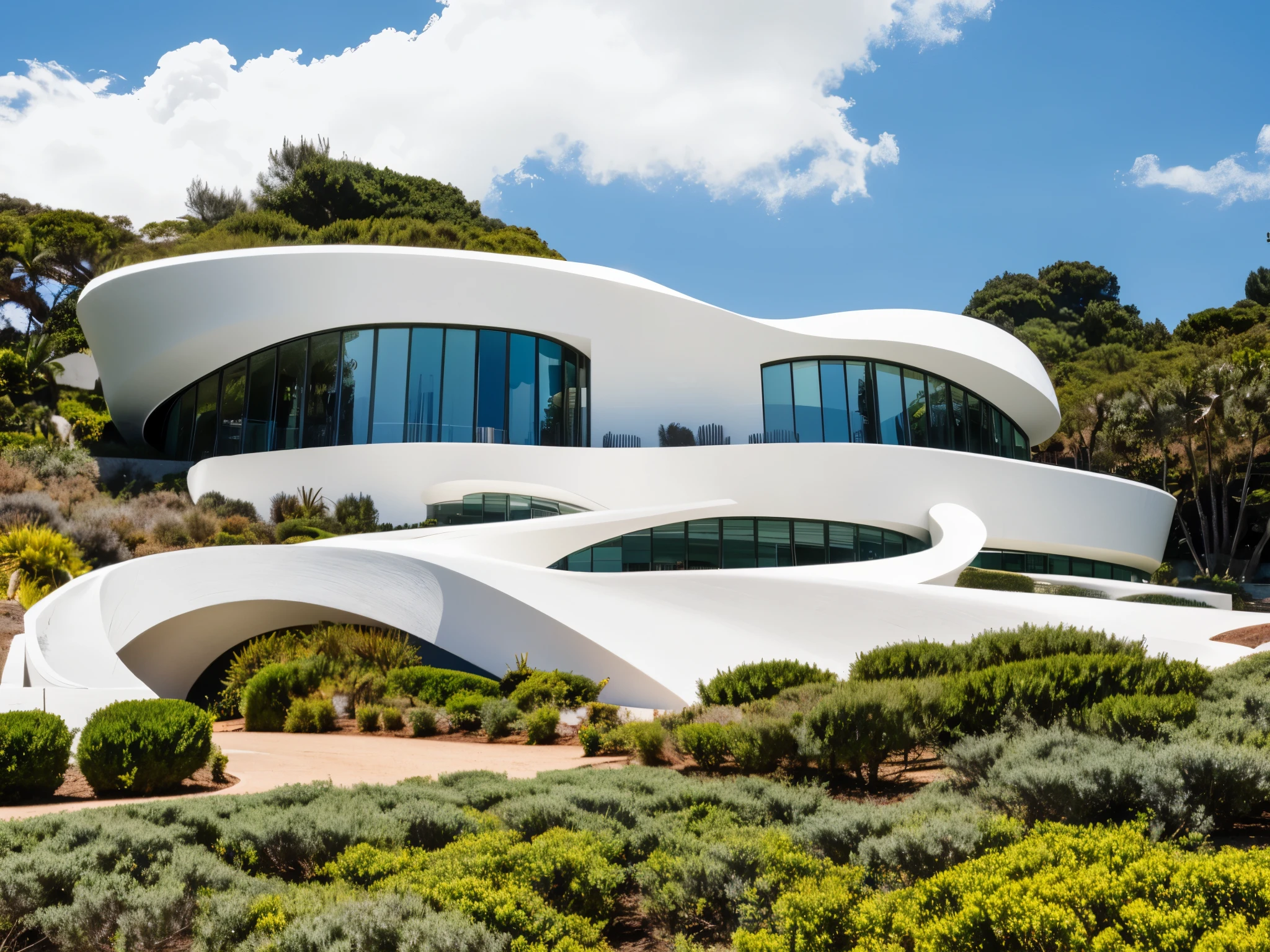 foto crua, (biomorphic museum building seen from outside), ((front elevation)), (terra), Curvilinear, bordas curvas, Mediterranean sea environment, white sky, (luz difusa:1.3) (areia Branca), estilo minimalista, particulas sujas, fotografia de arquitetura, hiper-realista, super detalhado, 8k, Nikon Z6 mirrorless camera, Film grain