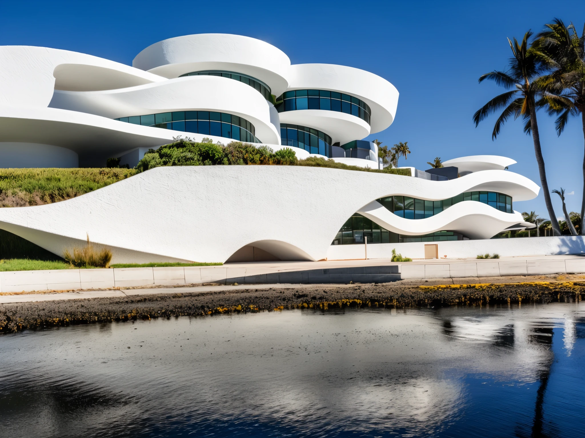 foto crua, (biomorphic museum building seen from outside), ((front elevation)), (terra), Curvilinear, bordas curvas, Mediterranean sea environment, white sky, (luz difusa:1.3) (areia Branca), estilo minimalista, particulas sujas, fotografia de arquitetura, hiper-realista, super detalhado, 8k, Nikon Z6 mirrorless camera, Film grain