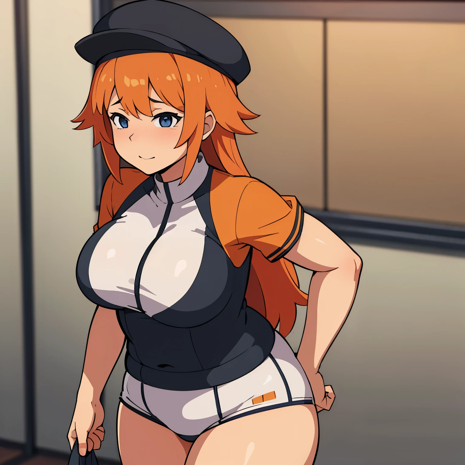 Obra maestra, ultra alta calidad, Anime illustration of a chubby girl with orange hair wearing a very tight  uniform 