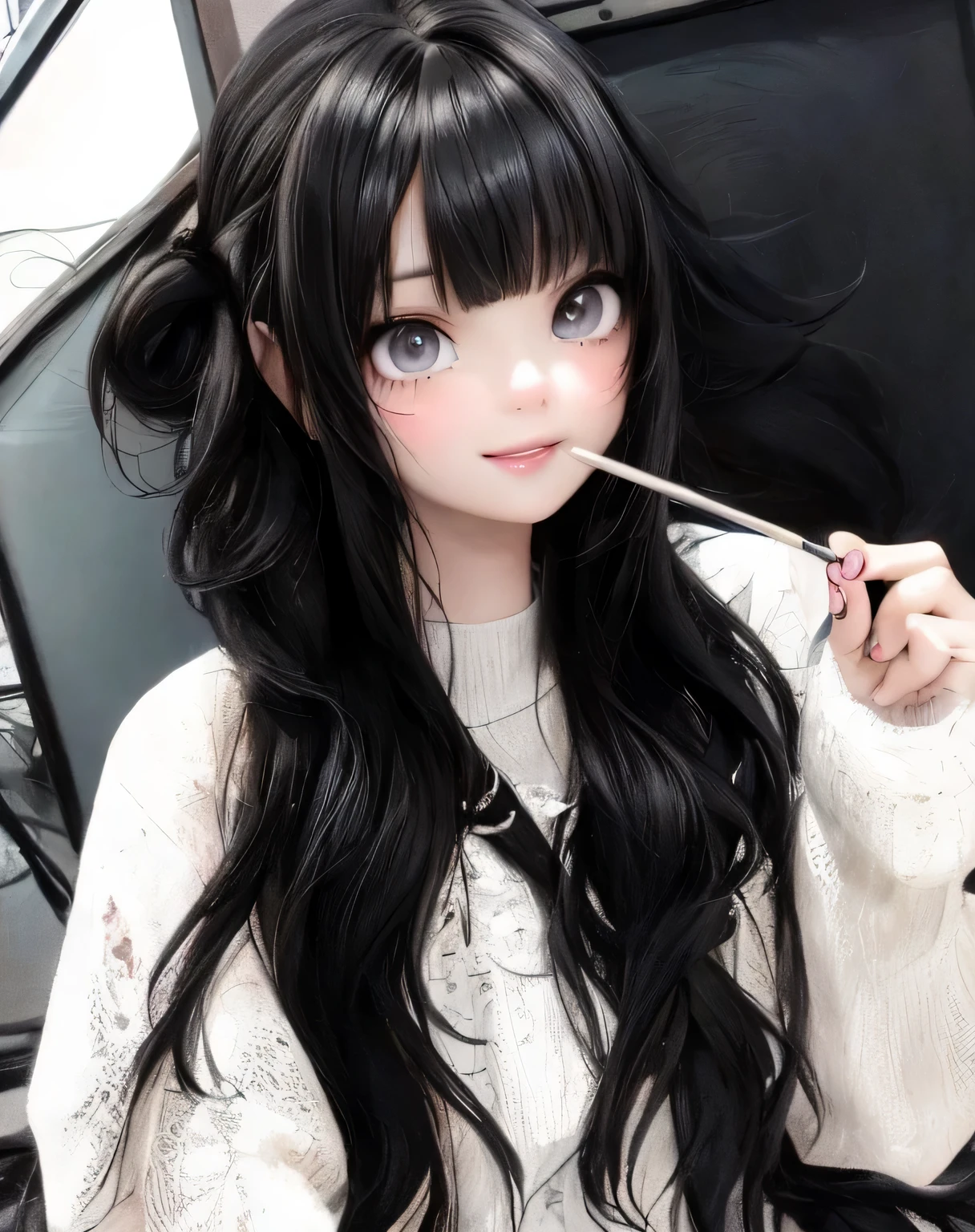 masterpiece, best quality, a cute girl smiling with long black hair and black boots posing for a picture, cruel korean goth girl, ulzzang, she has black hair with bangs, black hime cut hair, long black hair with bangs, goth girl aesthetic, 1 7 -  - old me goth girl, anime girl in real life, long dark hair with bangs, pale goth beauty, cute digital painting, cute digital art, realistic cute girl painting, cute detailed digital art, cute cartoon characters, beautiful character painting, cute characters, cute anime girl, cute cartoon, kawaii realistic portrait, digital cartoon painting art, cartoon cute, cute portrait, render a cute 3D anime girl, kawaii realistic portrait, anime moe art style, drawn in an anime artist studio 

