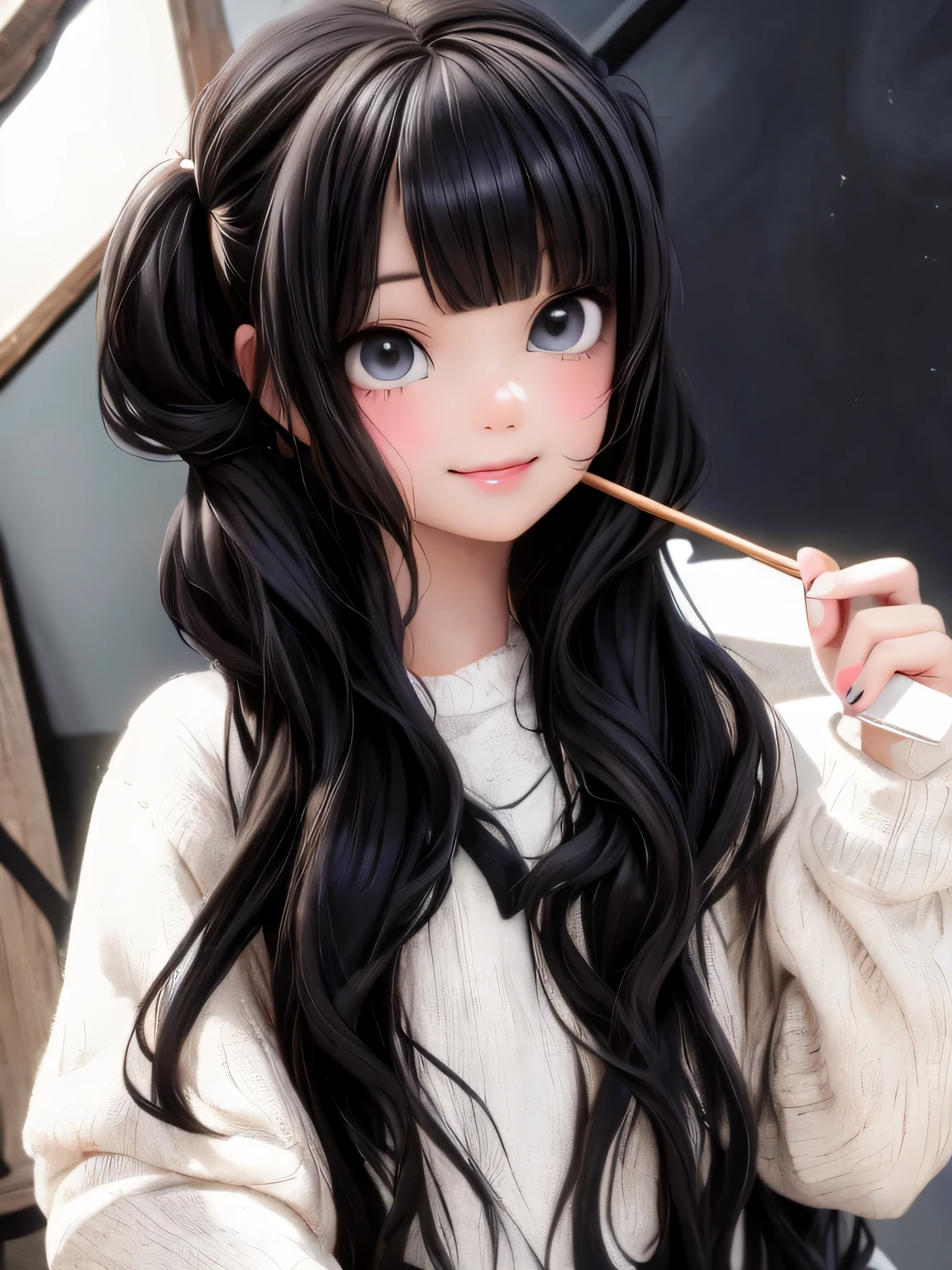 masterpiece, best quality, a close up of a cute girl smiling with long hair holding a chopstick, ulzzang, black hime cut hair, she has black hair with bangs, long black hair with bangs, long dark hair with bangs, white hime cut hairstyle, long hair with full bangs, long hair with bangs, twintails hairstyle, hair blackbangs hair, with black pigtails, cute digital painting, cute digital art, realistic cute girl painting, cute detailed digital art, cute cartoon characters, beautiful character painting, cute characters, cute anime girl, cute cartoon, kawaii realistic portrait, digital cartoon painting art, cartoon cute, cute portrait, render a cute 3D anime girl, kawaii realistic portrait, anime moe art style, drawn in an anime artist studio
