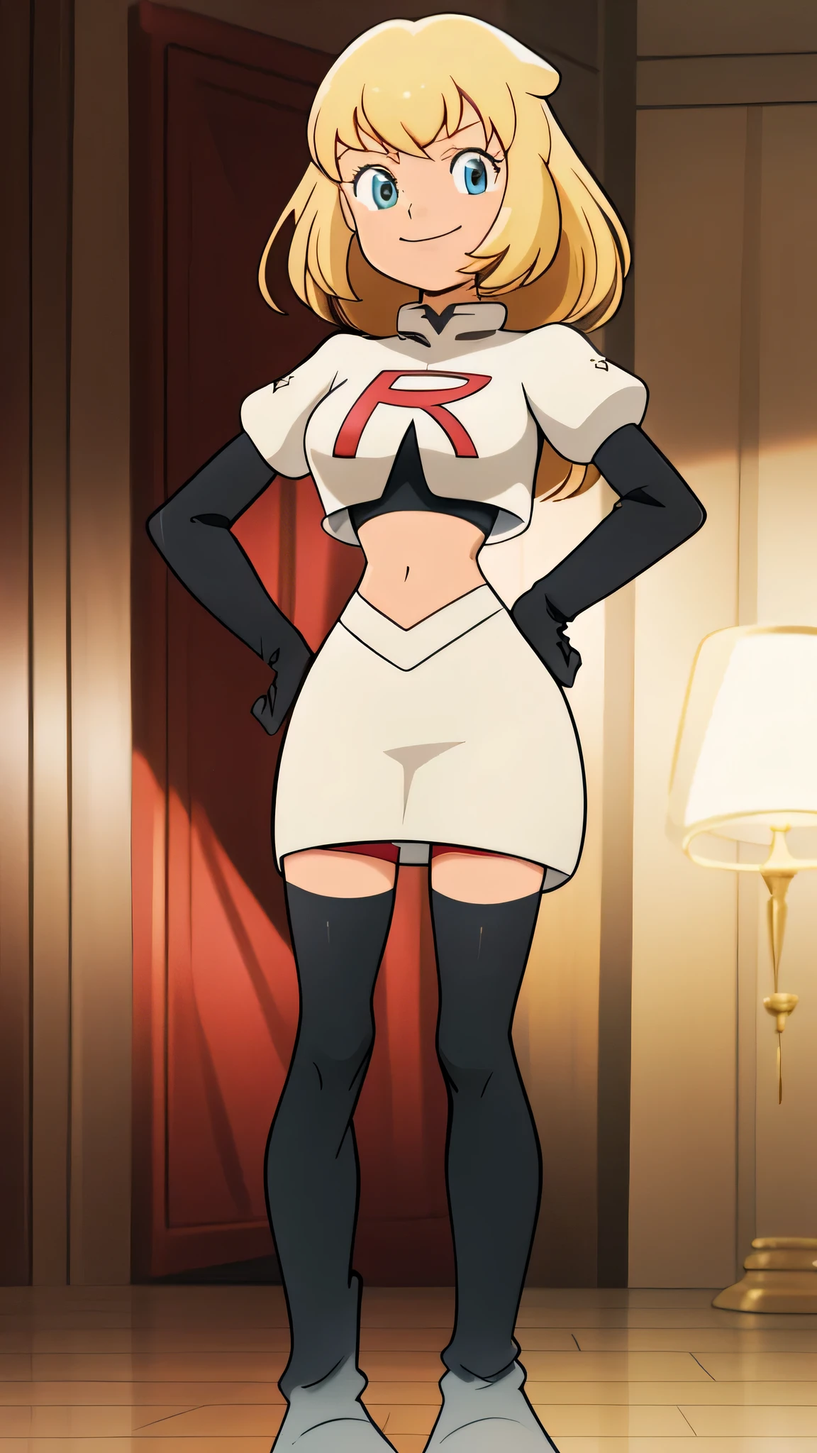 8k, anime screencap,1girl in, (solo:1.1), (perfect body:1.1), (best quality:1.1), very large breast, team rocket uniform, red letter r, white skirt,white crop top,black thigh-high boots, black elbow gloves, evil smile, looking down at viewer, hands on hips,zettai ryouiki, Colette Brunel