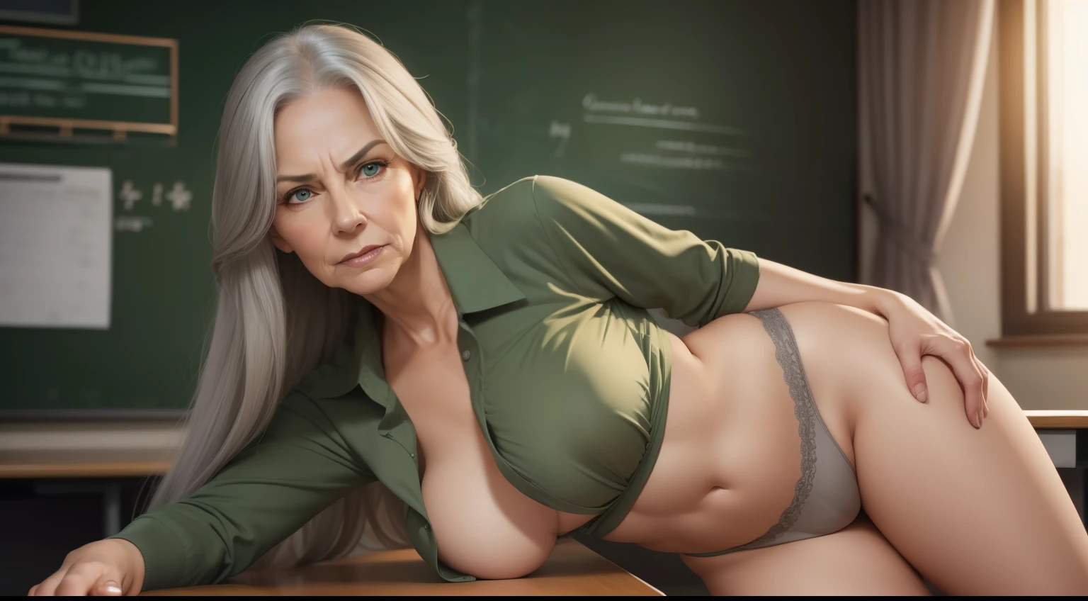 portrait of a 65-year-old woman with long gray hair, seductive gaze, green eyes, some wrinkles on her face,  8k, detailed background, utlra realistic, realism, exta realistic, wrinkles on body, school classroom, morning time sunshine, NSFW, teachers clothes with high neckline,  teacher's suit, legs spread apart, rub the crotch against the corner of the desk, showing full body, full body, small titts, looking at viewer, angry facial expression, teeth indoors,soft lighting, extreme detail, hdr, long hair