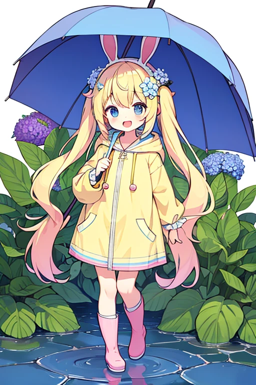 1girl,rainbow,raincoat,yellow raincoat,rubber boots,hydrangea,flower,long hair,twintails,boots,blush,umbrella,open mouth,hair ornament,white background,hood,solo,teruterubouzu,very long hair,hood up,long sleeves,low twintails,bow,bangs,smile,animal hood,blue eyes,rabbit,closed umbrella,puddle,full body,:d,snail,yellow footwear,simple background,pink flower,standing,leaf umbrella,holding umbrella,food-themed hair ornament,hair bow,animal ears,holding,blonde hair,hair flower,rain,animal,