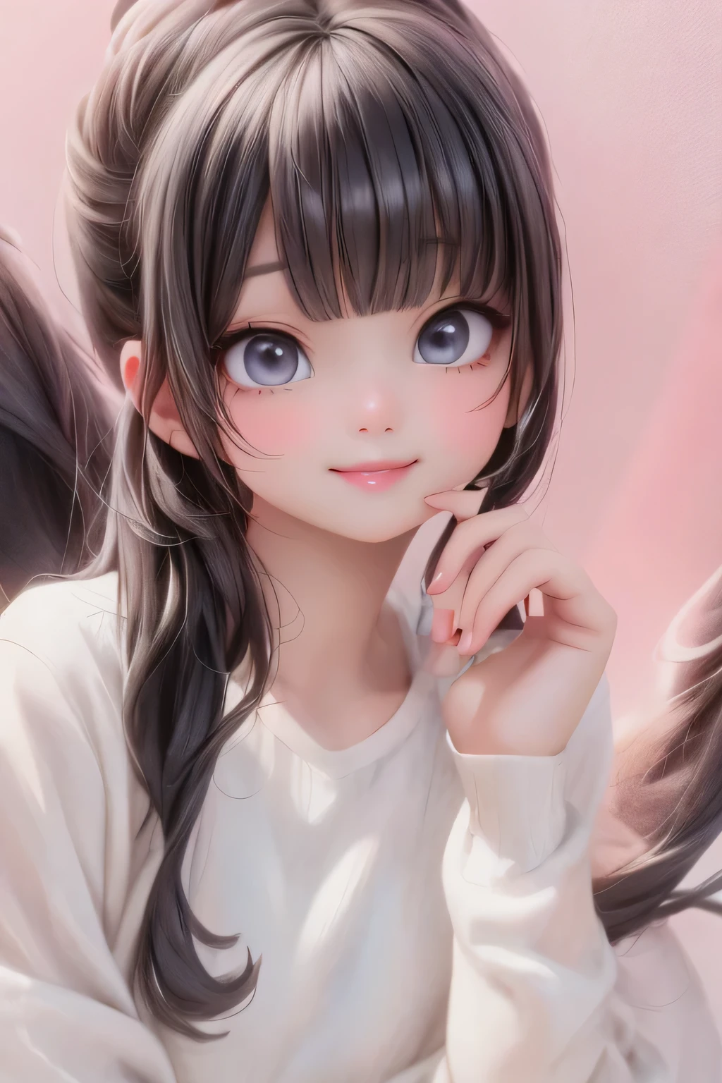 masterpiece, best quality, a close up of a cute girl smiling with a long hair and a white shirt, ulzzang, girl cute-fine-face, white hime cut hairstyle, wan adorable korean face, neat hair with bangs, cute natural anime face, she has black hair with bangs, cute kawaii girl, black hime cut hair, pale porcelain white skin, ultrarealistic, cute digital painting, cute digital art, realistic cute girl painting, cute detailed digital art, cute cartoon characters, beautiful character painting, cute characters, cute anime girl, cute cartoon, kawaii realistic portrait, digital cartoon painting art, cartoon cute, cute portrait, render a cute 3D anime girl, kawaii realistic portrait, anime moe art style, drawn in an anime artist studio