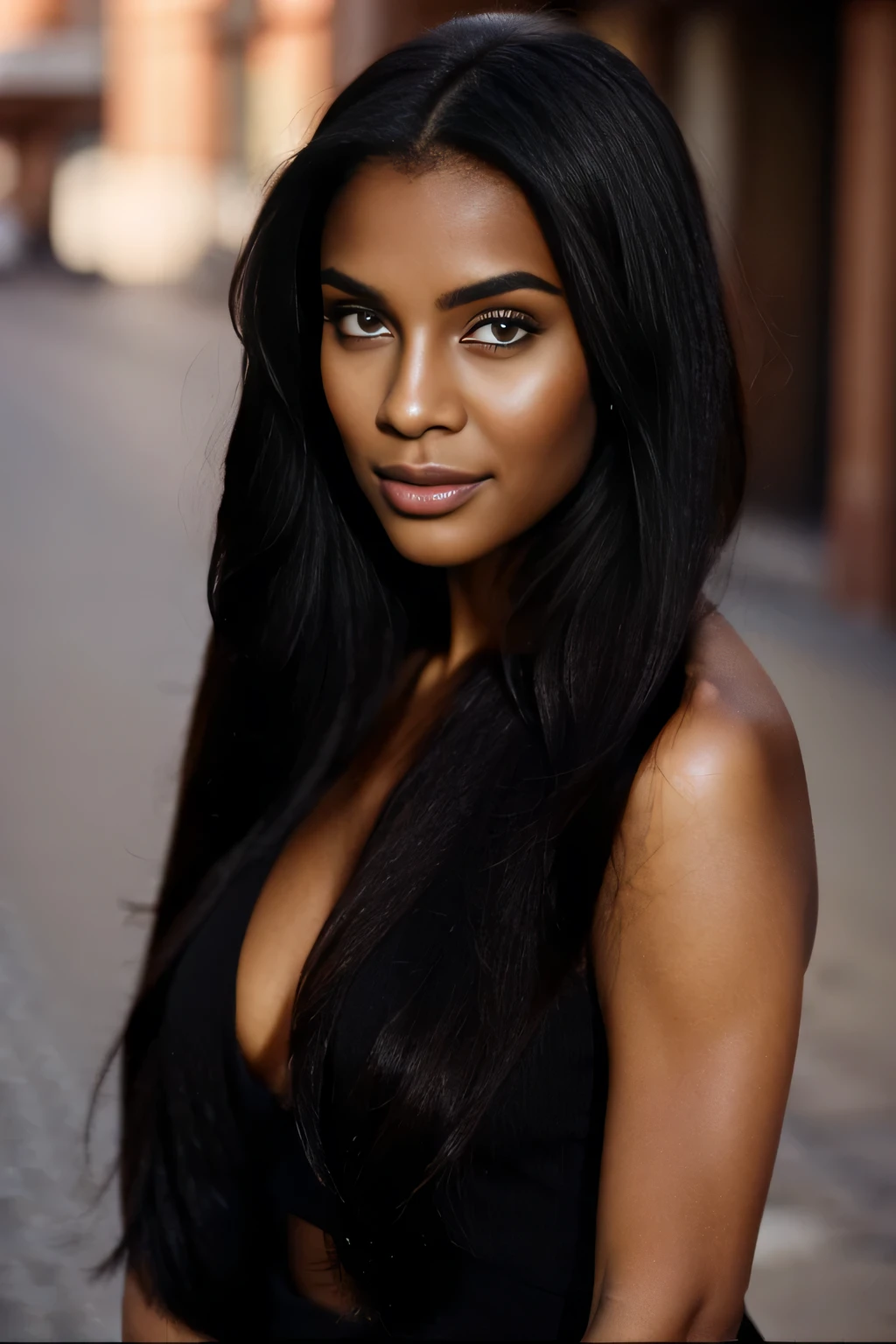 A cute women with long, flowing black hair, brown eyes, glossy lips - full body in picture in a random pose in a random setting and outfit