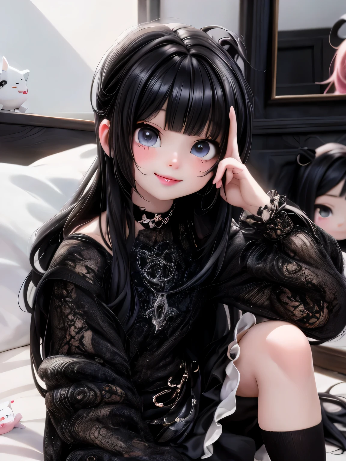 masterpiece, best quality, a cute girl smiling with long black hair sitting on a bed next to a mirror, cruel korean goth girl, she has black hair with bangs, black hime cut hair, ulzzang, long black hair with bangs, 1 7 -  - old me goth girl, hair blackbangs hair, pale goth beauty, black bangs, goth girl aesthetic, pale porcelain white skin, ultrarealistic, cute digital painting, cute digital art, realistic cute girl painting, cute detailed digital art, cute cartoon characters, beautiful character painting, cute characters, cute anime girl, cute cartoon, kawaii realistic portrait, digital cartoon painting art, cartoon cute, cute portrait, render a cute 3D anime girl, kawaii realistic portrait, anime moe art style, drawn in an anime artist studio
