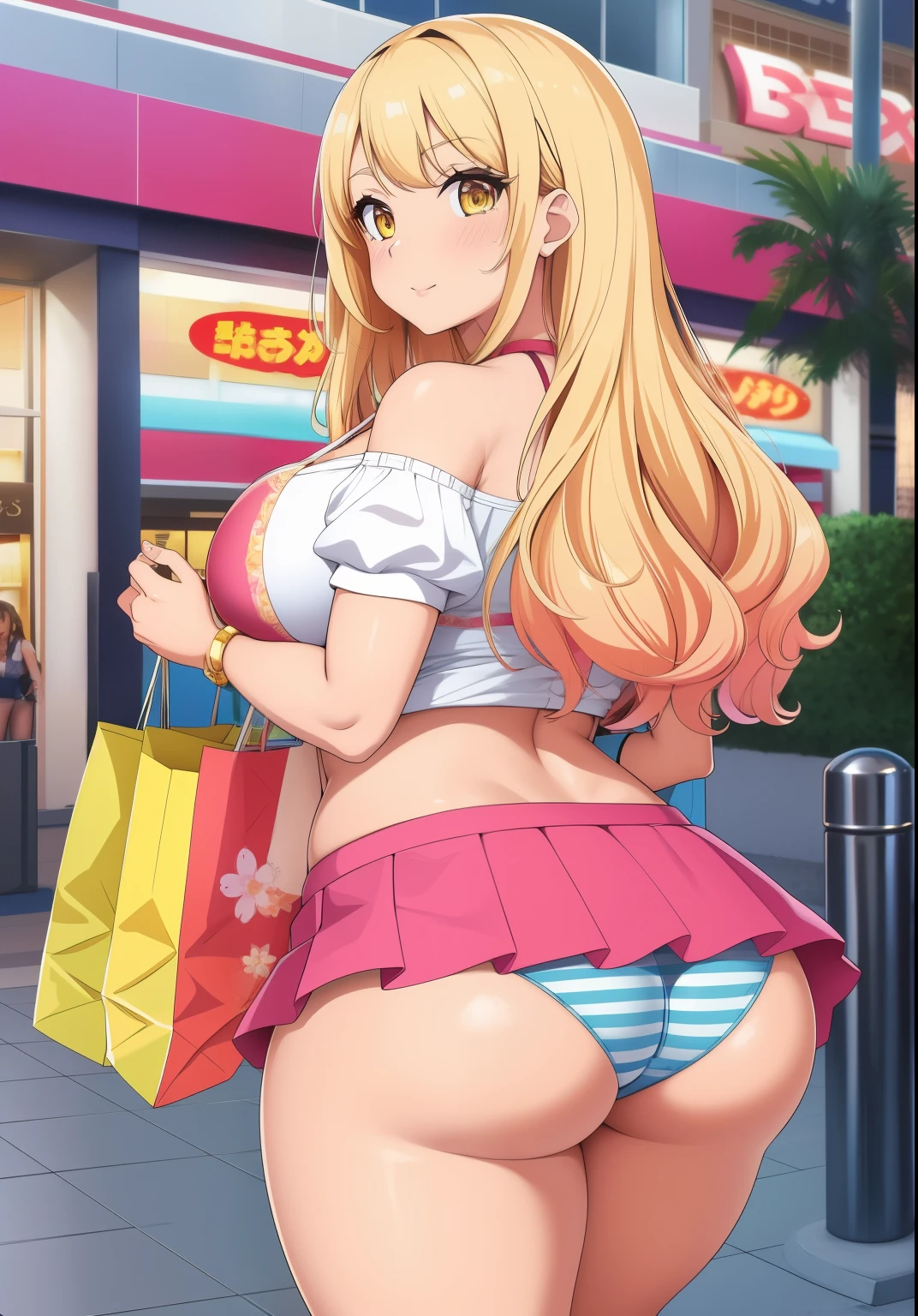 Highly detailed,  Gyaru girl, big , big ass, short skirt, bikini top, shopping mall background