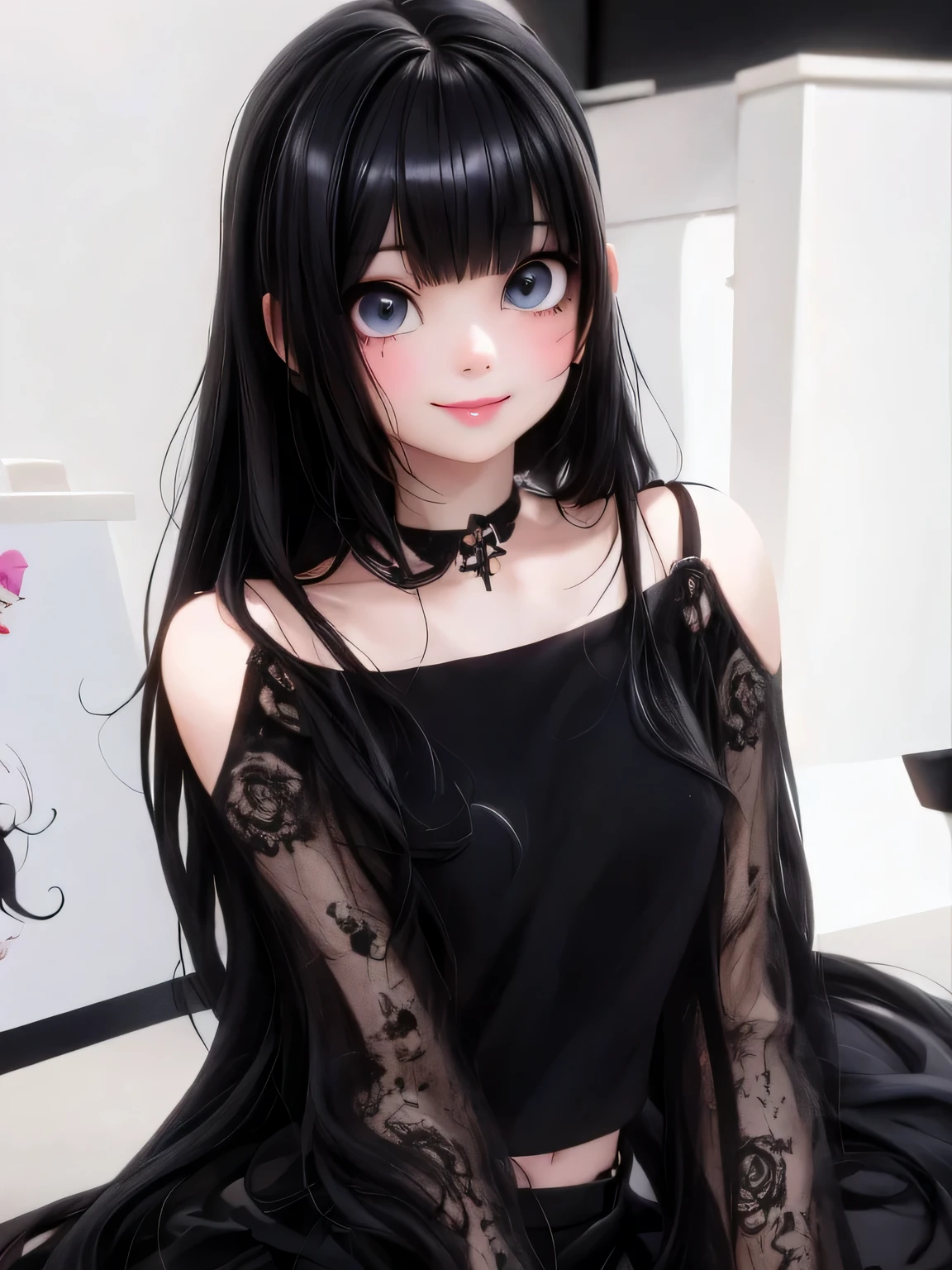 masterpiece, best quality, a cute girl smiling with long black hair and a black top, cruel korean goth girl, black hime cut hair, pale goth beauty, 1 7 - year - old anime goth girl, 1 7 - year - old goth girl, goth girl aesthetic, very beautiful goth top model, she has black hair with bangs, goth aesthetic, goth girl, long black hair with bangs, pale porcelain white skin, ultrarealistic, cute digital painting, cute digital art, realistic cute girl painting, cute detailed digital art, cute cartoon characters, beautiful character painting, cute characters, cute anime girl, cute cartoon, kawaii realistic portrait, digital cartoon painting art, cartoon cute, cute portrait, render a cute 3D anime girl, kawaii realistic portrait, anime moe art style, drawn in an anime artist studio
