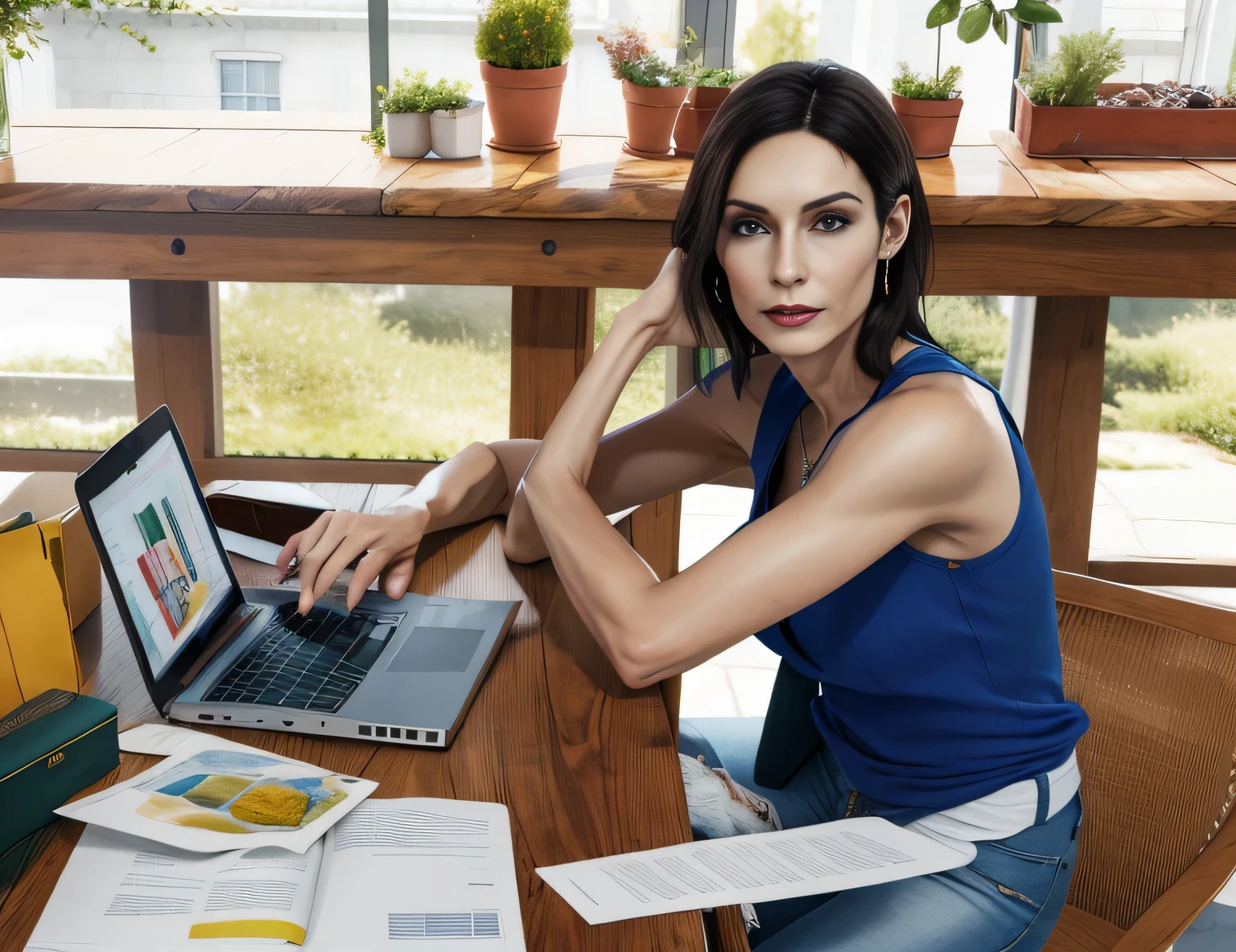 Brazilian woman sitting at the table with a book and a laptop, an artistic pose. Mulher com pele branca e cabelos escuros. ela tem cerca de 35 anos. Corpo fino, cintura fina. Altamente realista, hiperrealismo, pele muito elaborada. foto de corpo inteiro, Limpar foto, alta qualidade, high resolution, obra de arte, 8k.