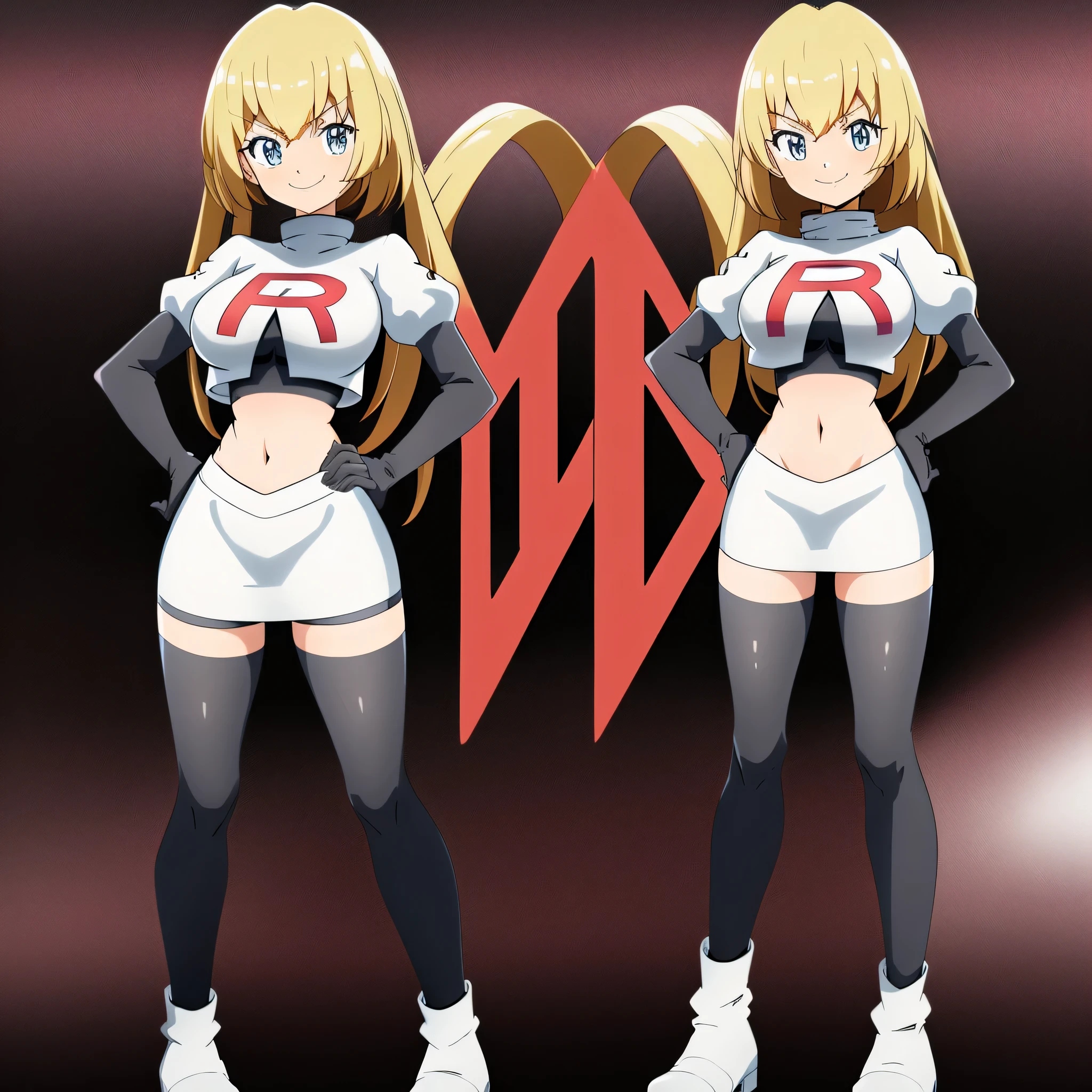 8k, anime screencap,1girl in, (solo:1.1), (perfect body:1.1), (best quality:1.1), very large breast, team rocket uniform, red letter r, white skirt,white crop top,black thigh-high boots, black elbow gloves, evil smile, looking down at viewer, hands on hips,zettai ryouiki,