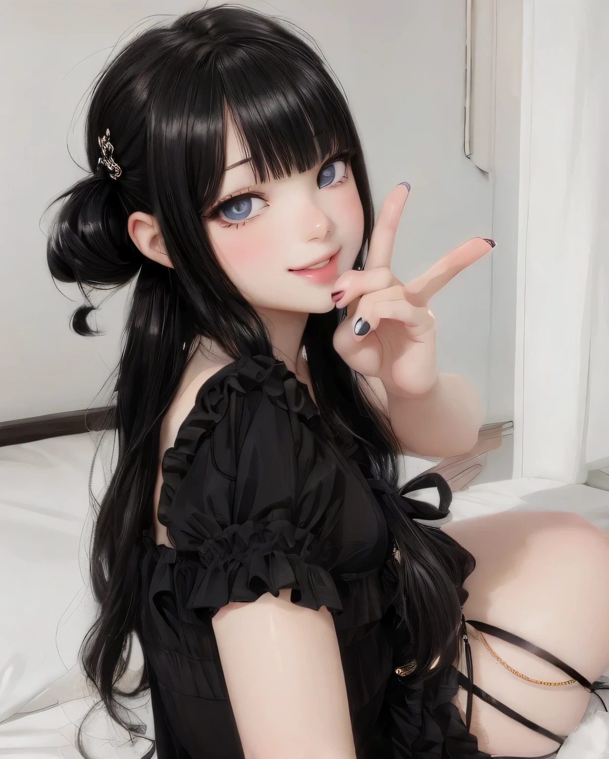 masterpiece, best quality, a cute girl smiling sitting on a bed with a black dress, with black pigtails, black hime cut hair, ulzzang, anime girl wearing a black dress, long black hair with bangs, cruel korean goth girl, with long hair and piercing eyes, she has black hair with bangs, white hime cut hairstyle, 1 7 - year - old anime goth girl, pale porcelain white skin, ultrarealistic, cute digital painting, cute digital art, realistic cute girl painting, cute detailed digital art, cute cartoon characters, beautiful character painting, cute characters, cute anime girl, cute cartoon, kawaii realistic portrait, digital cartoon painting art, cartoon cute, cute portrait, render a cute 3D anime girl, kawaii realistic portrait, anime moe art style, drawn in an anime artist studio
