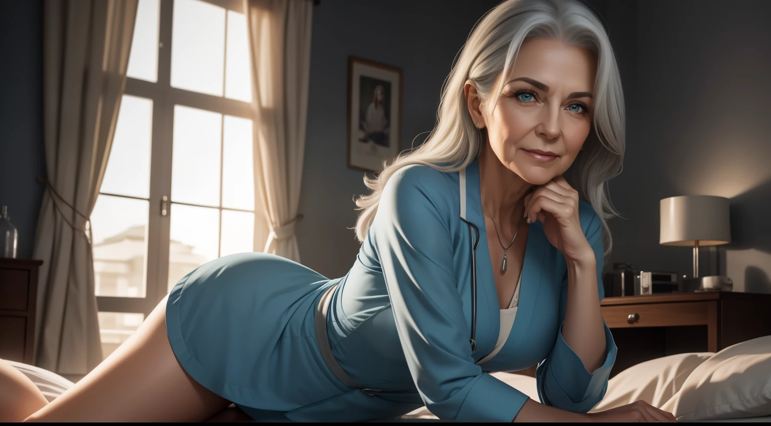 portrait of a 65-year-old woman with long gray hair, seductive gaze, green eyes, some wrinkles on her face, 8k, detailed background, utlra realistic, realism, exta realistic, wrinkles on body, hospital, nurse suit, random sexy pose, evening time moonshine, NSFW, nurse clothes with high neckline, beautiful full moon outside the window, showing full body, full body, extra small titts, small breasts, looking at viewer from below, light smile, teeth indoors,soft lighting, extreme detail, hdr, short hair