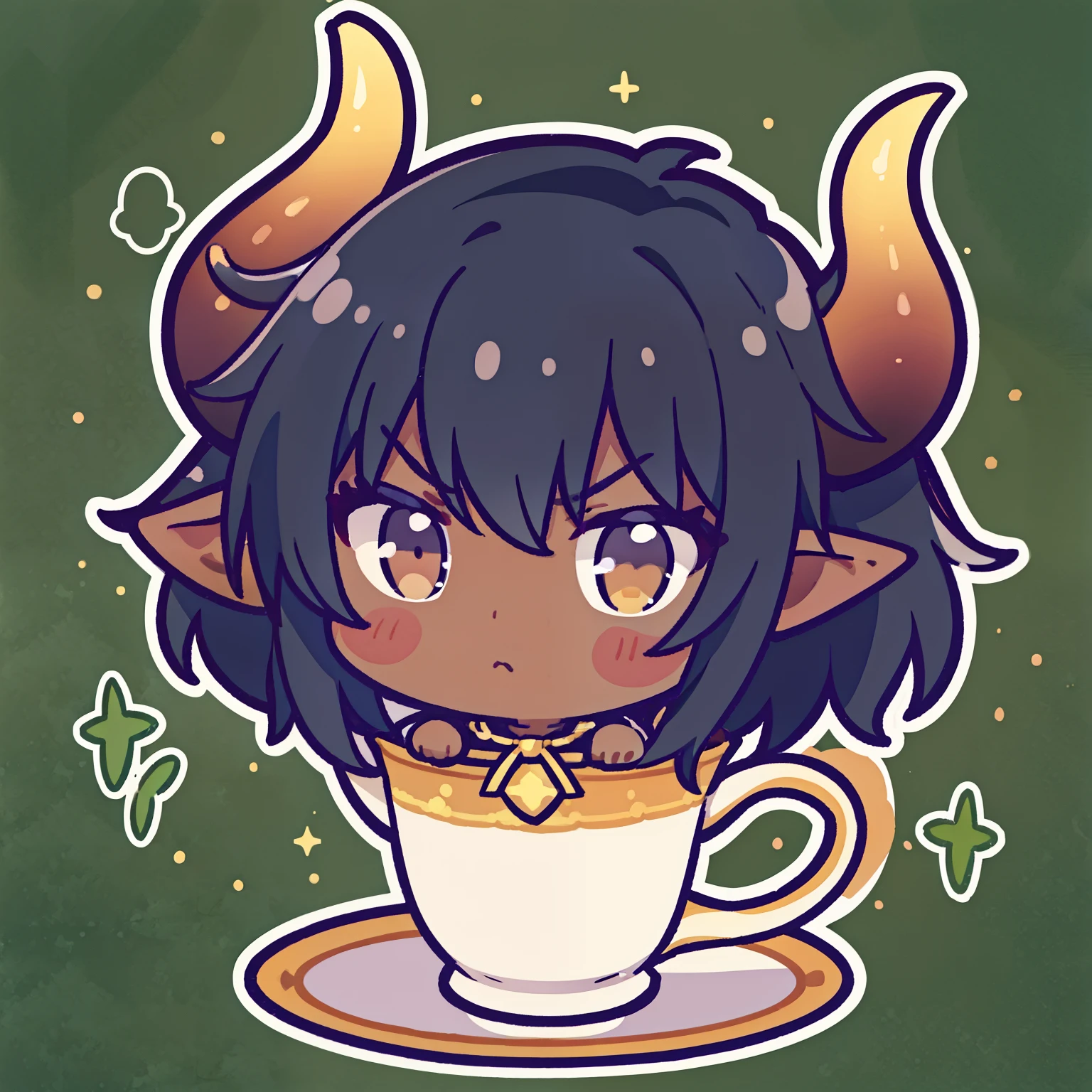 1boy,solo,(dark skin),black hair,short hair,elf ears,(horns),chibi,(no background),serious
