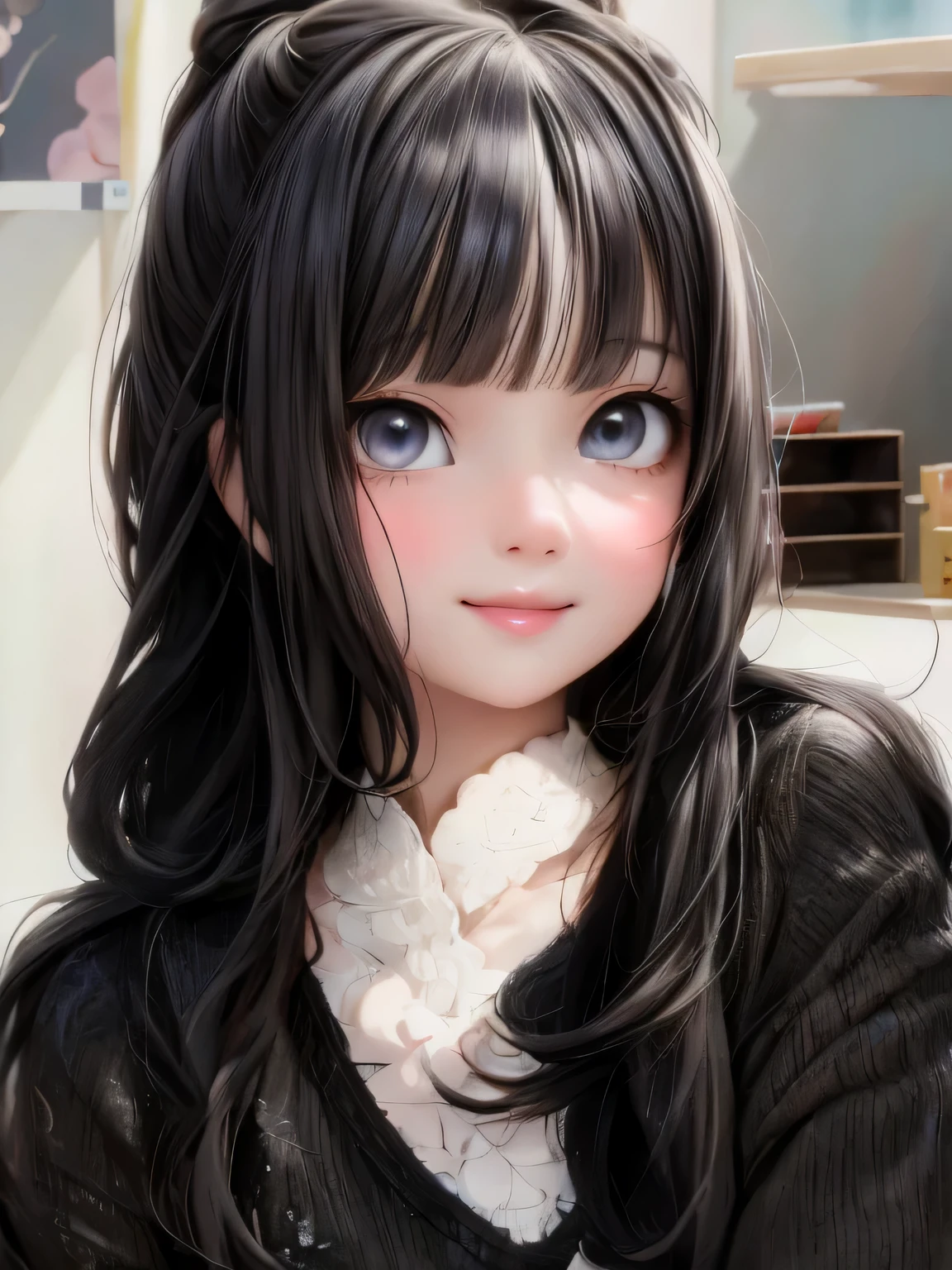 masterpiece, best quality, a cute girl smiling with long black hair and bangs posing for a picture, ulzzang, she has black hair with bangs, cute kawaii girl, cute natural anime face, black hime cut hair, girl cute-fine-face, anime girl in real life, wan adorable korean face, white hime cut hairstyle, pretty anime girl, cute anime girl, pale porcelain white skin, ultrarealistic, cute digital painting, cute digital art, realistic cute girl painting, cute detailed digital art, cute cartoon characters, beautiful character painting, cute characters, cute anime girl, cute cartoon, kawaii realistic portrait, digital cartoon painting art, cartoon cute, cute portrait, render a cute 3D anime girl, kawaii realistic portrait, anime moe art style, drawn in an anime artist studio