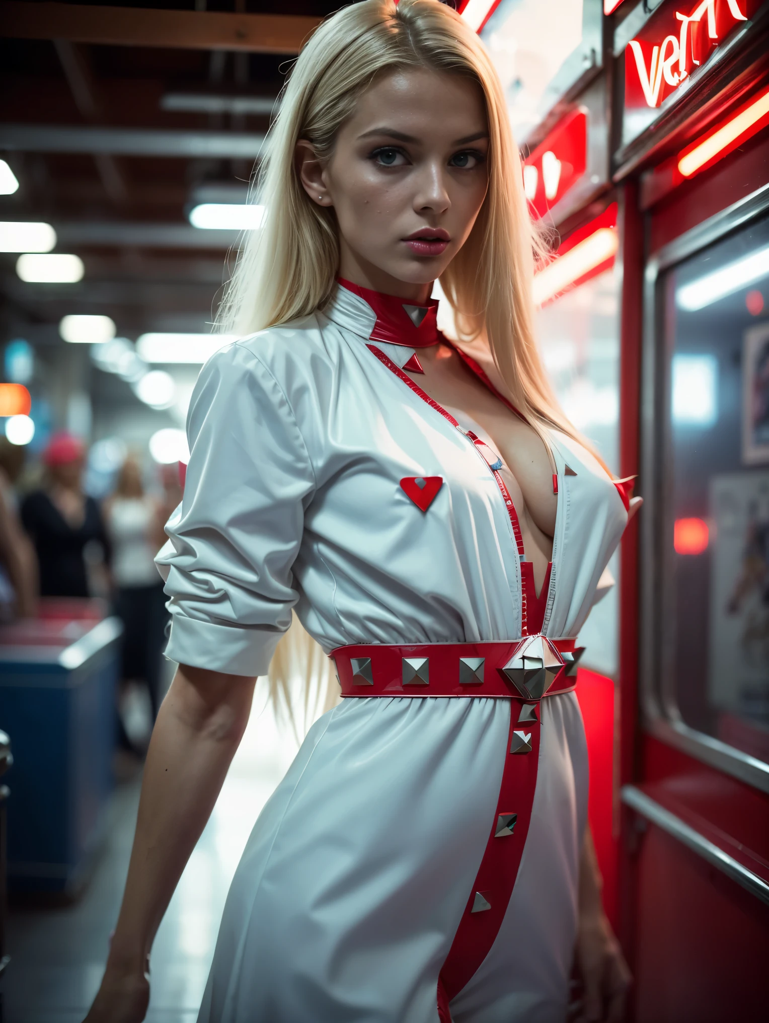 analogue fashion photo shot of an ultra hot gorgeous European blonde woman with long hair, she’s a playmate, men magazine model, age 23. in a 1950 cuban supermarket, ((neon lights red and blue lights)), (((((high fashion white clothes in the style of Valentino))))), supermodel, sexy model poses, masterpiece, eye level, Kodak Funsaver, Porta 160, 20mm, bokeh, in the style of Nan Goldin, textured, distressed, ((vintage)), edgy, noisy, high contrast
