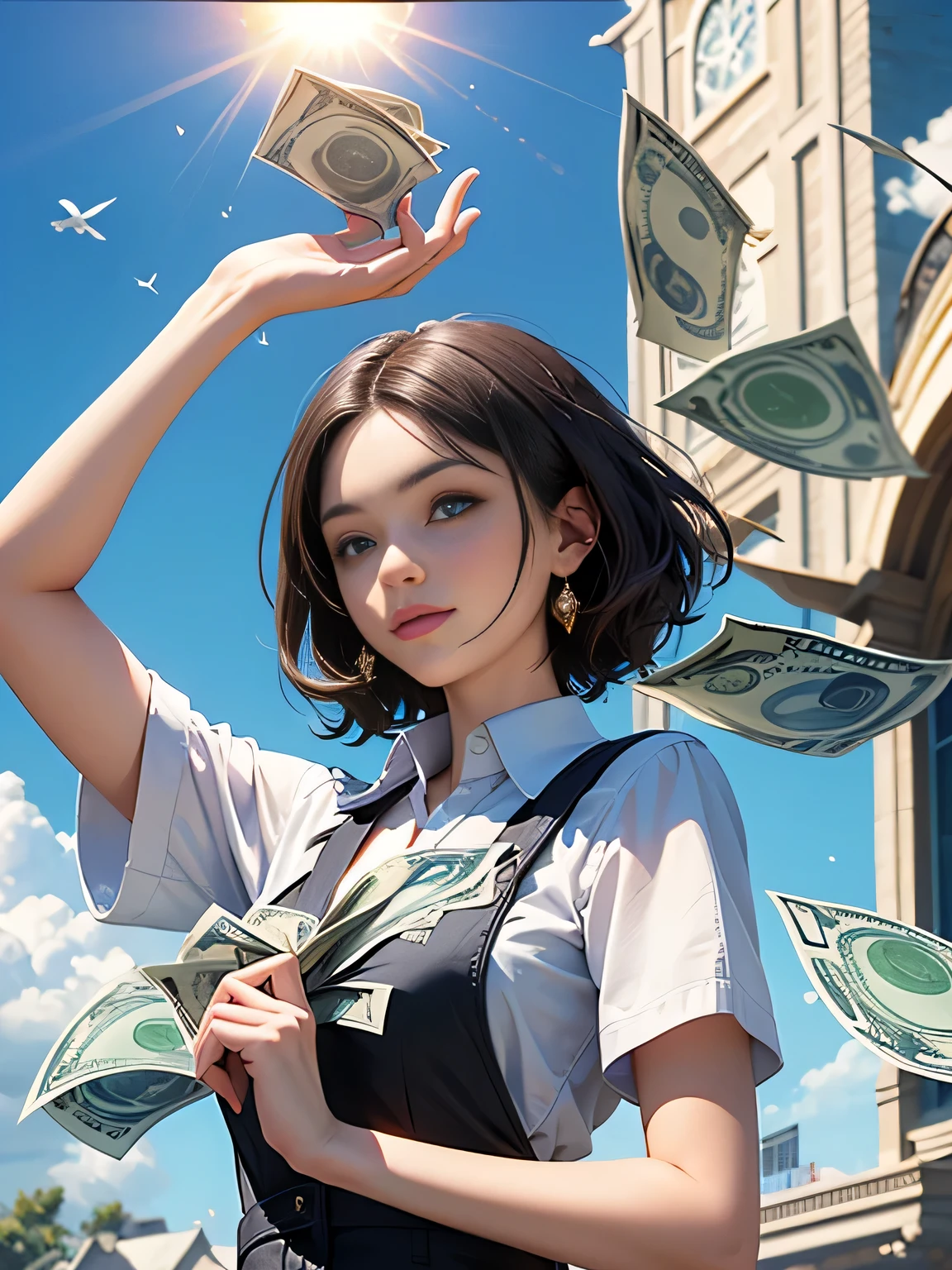 ((highest quality)), ((masterpiece)), (become familiar with), perfect face, Money is falling from the sky,blue sky,the sun is pointing to the light,large amount of dollar bills,falls well