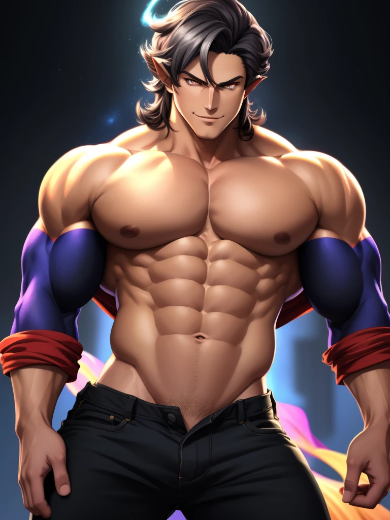 32k, (masterpiece), ultra quality, ultra highres, (anime illustration), (mature male draph:1.3), (cowboy shot), muscular devil (man), beautiful perfect face, masculine jawline, flat pecs, [[big arms]], hunk, confident posture, (black spiky hair), (glaring silver eyes:1.2), (elegant), , oozing  energy, homo, sharp focus, soft lighting, vibrant colors, (detailed face), ((detailed eyes)), perfect face, symmetric eyes, evil smile, Reinhardtzar, Malos, standing,  arousal, (noble), dynamic pose, stand tall.