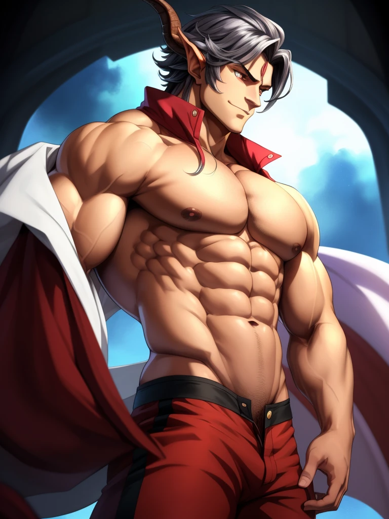 32k, (masterpiece), ultra quality, ultra highres, (anime illustration), (mature male draph:1.3), (cowboy shot), muscular devil (man), beautiful perfect face, masculine jawline, flat pecs, [[big arms]], hunk, confident posture, (black spiky hair), (glaring silver eyes:1.2), (elegant), , oozing  energy, homo, sharp focus, soft lighting, vibrant colors, (detailed face), ((detailed eyes)), perfect face, symmetric eyes, evil smile, Reinhardtzar, Malos, standing,  arousal, (noble), dynamic pose, stand tall.