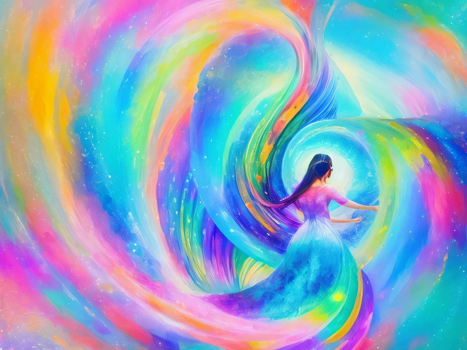 uma pintura de uma mulher de vestido sentada em uma onda, softly swirling magical energy, rotary power conduit, Fluxos de energia em redemoinho, swirling magical energy, Ethereal Angelic Being of Light, emanando e fluindo energia, visionary art, arte colorida bonita!, visionary art style, linda arte, beautiful representation, Metaphysical painting, formas abstratas espirituais, arte espiritual