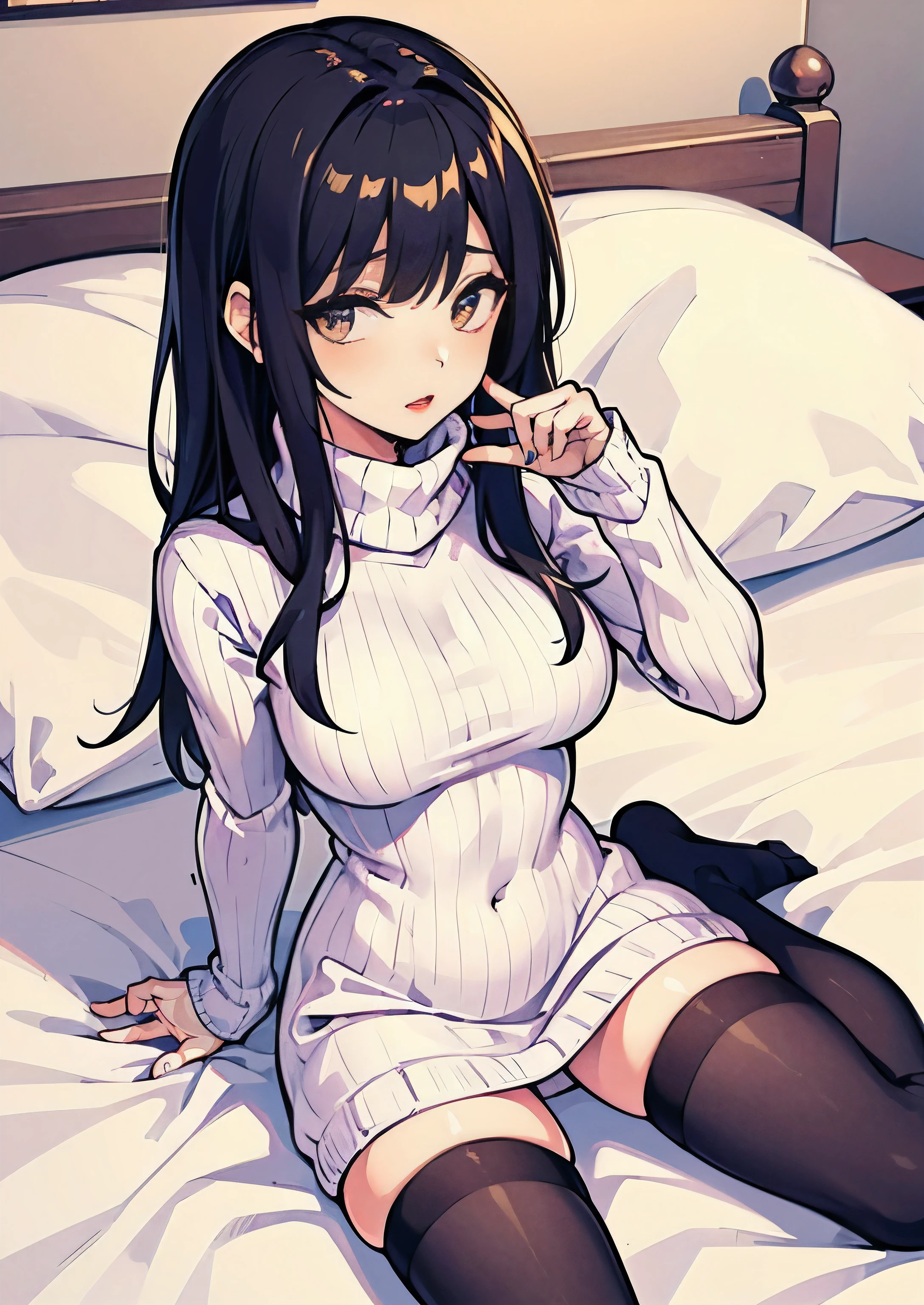 Sexy, turtleneck dress, turtleneck sweater, 1girl, highress masterpiece, slim body type, natural lipstick, black hair, golden eyes, laying on bed, provocative pose, no underwear, black stocking