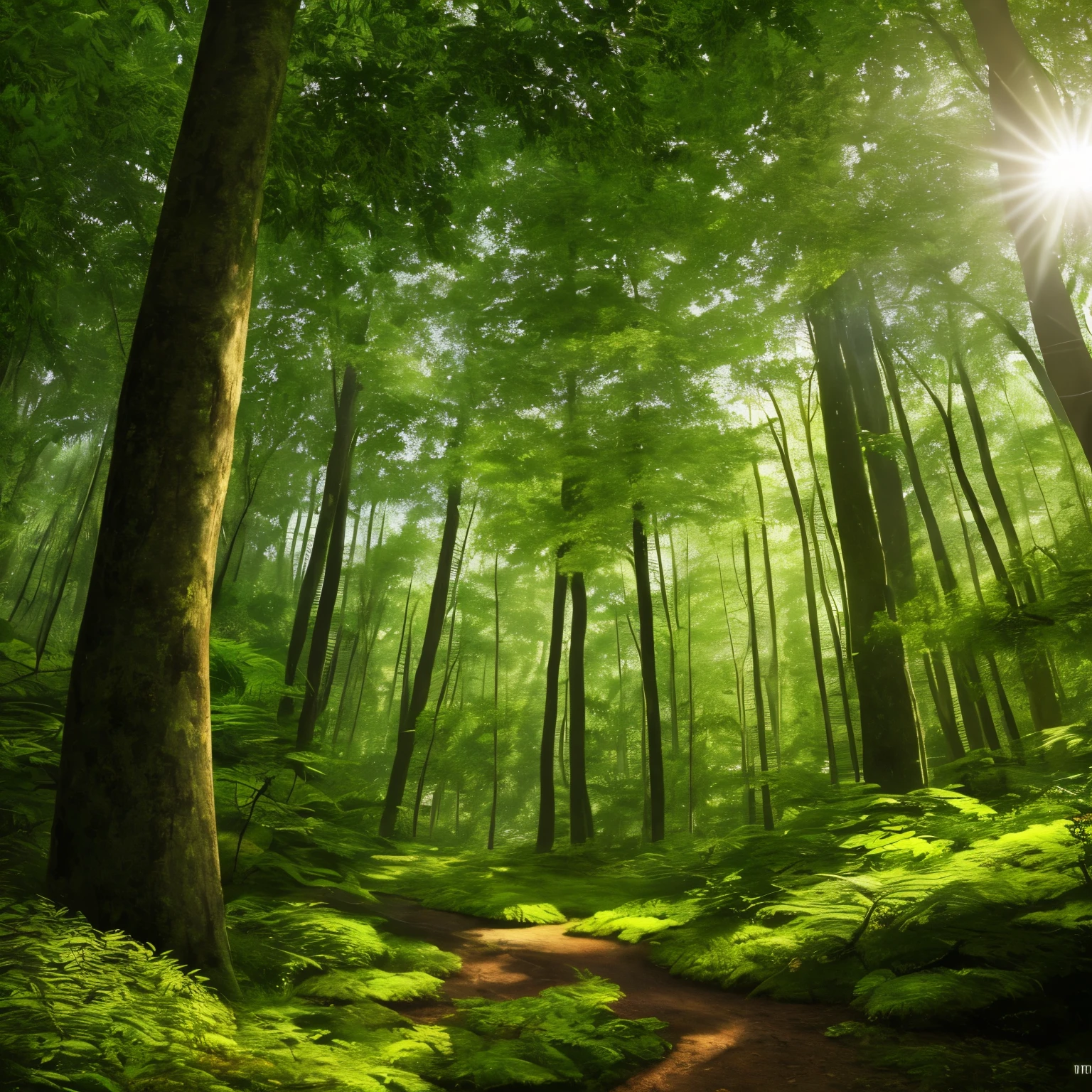 Masterpiece, ultimate quality, CG unity 8k wallpaper, super realistic, captivating forest scene, lush foliage in vibrant green hues, intricate details in every tree and leaf, towering trunks reaching for the sky, sunrays filtering through the canopy creating dappled light on the forest floor, dynamic angles showcasing the depth and perspective of the forest, lifelike textures and shadows bringing the forest to life, immersive and mesmerizing, no sign of human presence, perfect representation of a secluded and untouched forest, (detailed background), (extreme depth of field), (HDR high dynamics), true-to-life rendering,