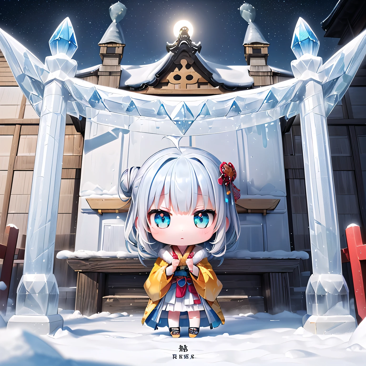 (chibi, pineapple, 3dcg, 1 girl: 1.5), (red cheeks, indifference, Expressionless, hair blowing in the wind, almond shaped eyes, shiny white-blue hair,chignon hair, Carefully drawn fingertips: 1.2), (masterpiece, highest quality, Beautiful anatomy: 1.3), (chibi Body,  hood coat with fur,crystal ,ice craft accessories,full body, fairy queen with beautiful wings,upward gaze: 1.3), (A frozen winter wonderland of sparkling mansions, on-site parks, and icicles,Participate in the quest, Frozen  pineapple,move freely through the air,guidance of light,high ceiling church,side view: 1.4),(an old castle at morning,Exorcism,an offering,sengoku,Kunoichi,shrine maiden, moonlight:1.5)