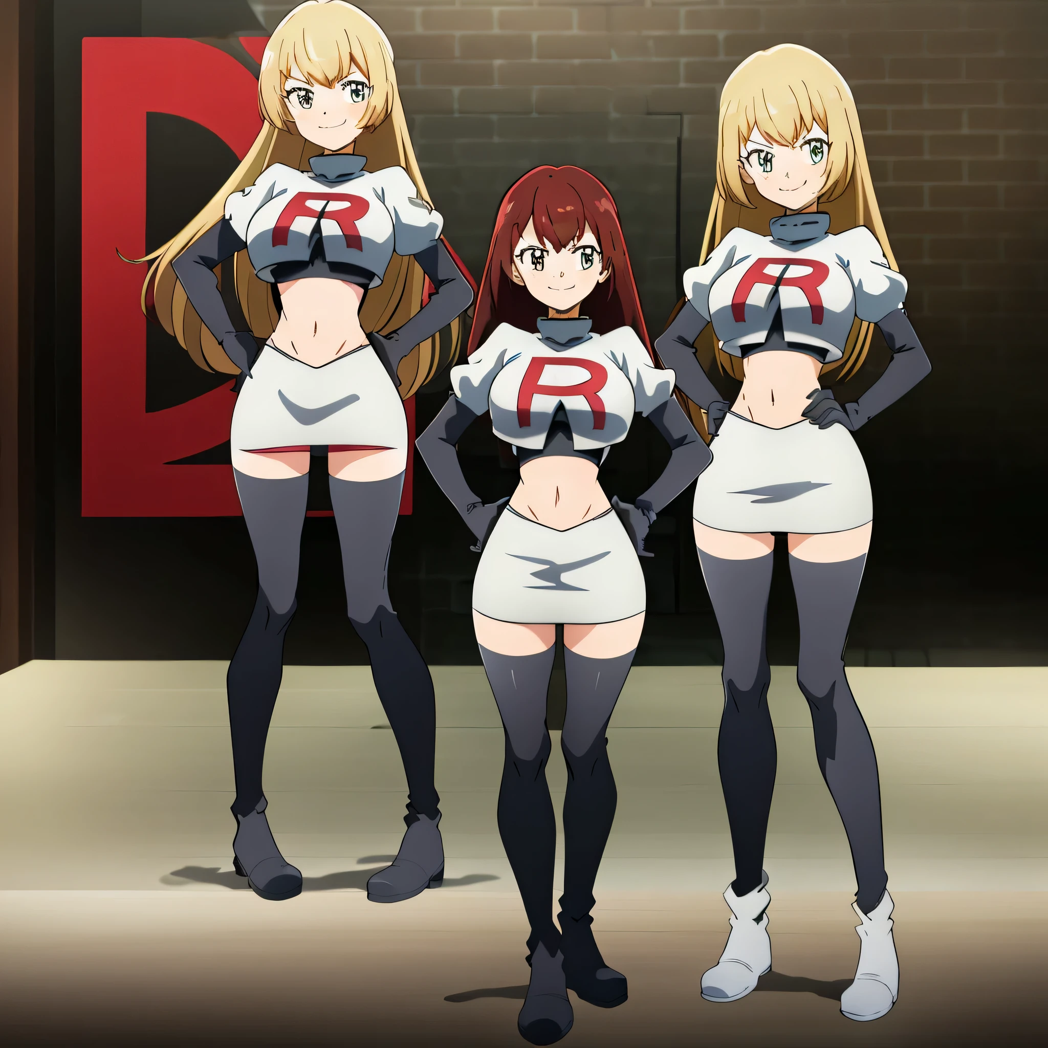 8k, anime screencap,1girl in, (solo:1.1), (perfect body:1.1), (best quality:1.1), very large breast, team rocket uniform, red letter r, white skirt,white crop top,black thigh-high boots, black elbow gloves, evil smile, looking down at viewer, hands on hips,zettai ryouiki,