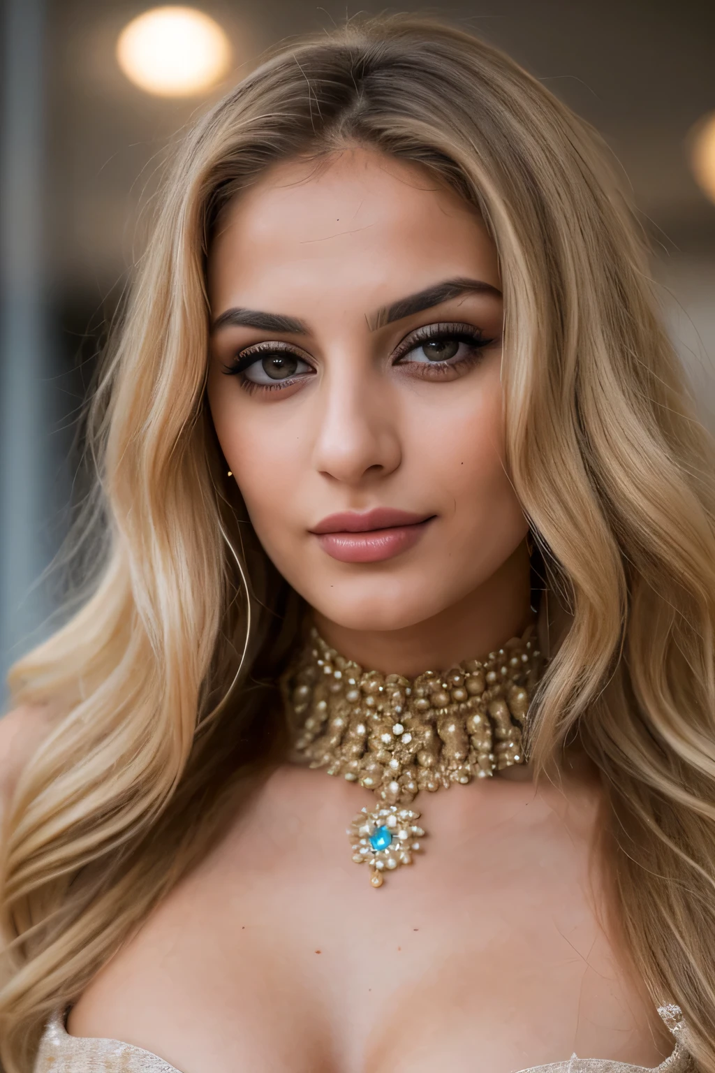 Photo of a 25 year old, very beautiful and nice Arab woman from Algeria, (( She is wearing a dress )). , raw, Pretty woman, (Blonde hair with very long waves), Amazing hair ,Hazel and big eyes, Arab eyes, , (Detailed face: 1.2)), (detailed facial features)), ( Soft Arabic skin), , Perfect face, Beautiful Face,nice face, high the details,(Cold color), patient, Moist, reflection, (Masterpiece) ( Perfect proportions) (Realistic pictures) (Highest quality) (the details) The photos were taken with a Canon EOS R5, 50mm lens, F/2.8, Human development report, (8k) (Dubai) (Film lighting) (Dramatic lighting) (Intense focus) (complicated) fashion, Stunning full body shot.