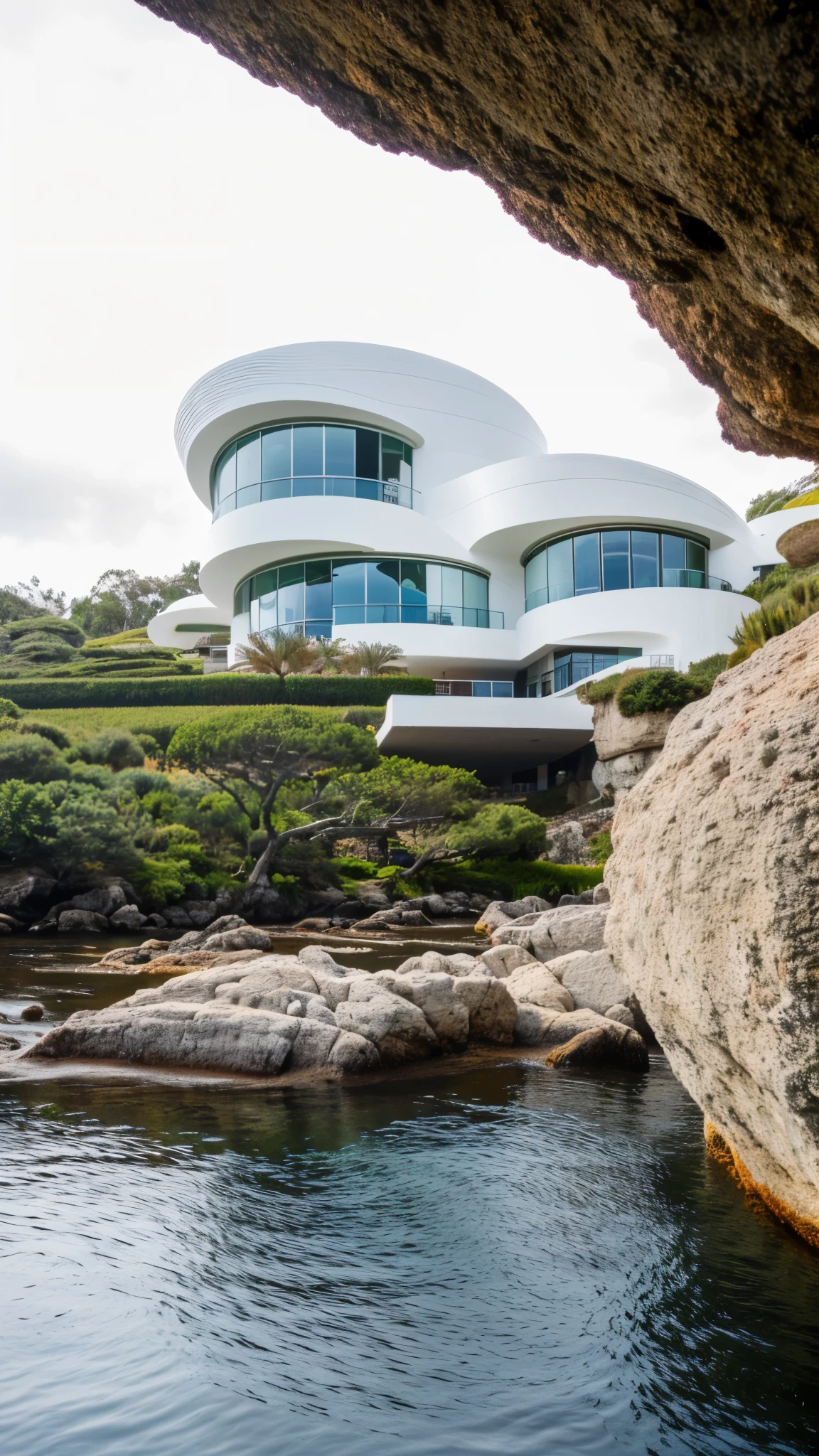 foto crua, (biomorphic museum building seen from outside), ((front elevation)), (limestone), Curvilinear, bordas curvas, Mediterranean sea environment, white sky, (luz difusa:1.3) (areia Branca), estilo minimalista, particulas sujas, fotografia de arquitetura, hiper-realista, super detalhado, 8k, Nikon Z6 mirrorless camera, Film grain