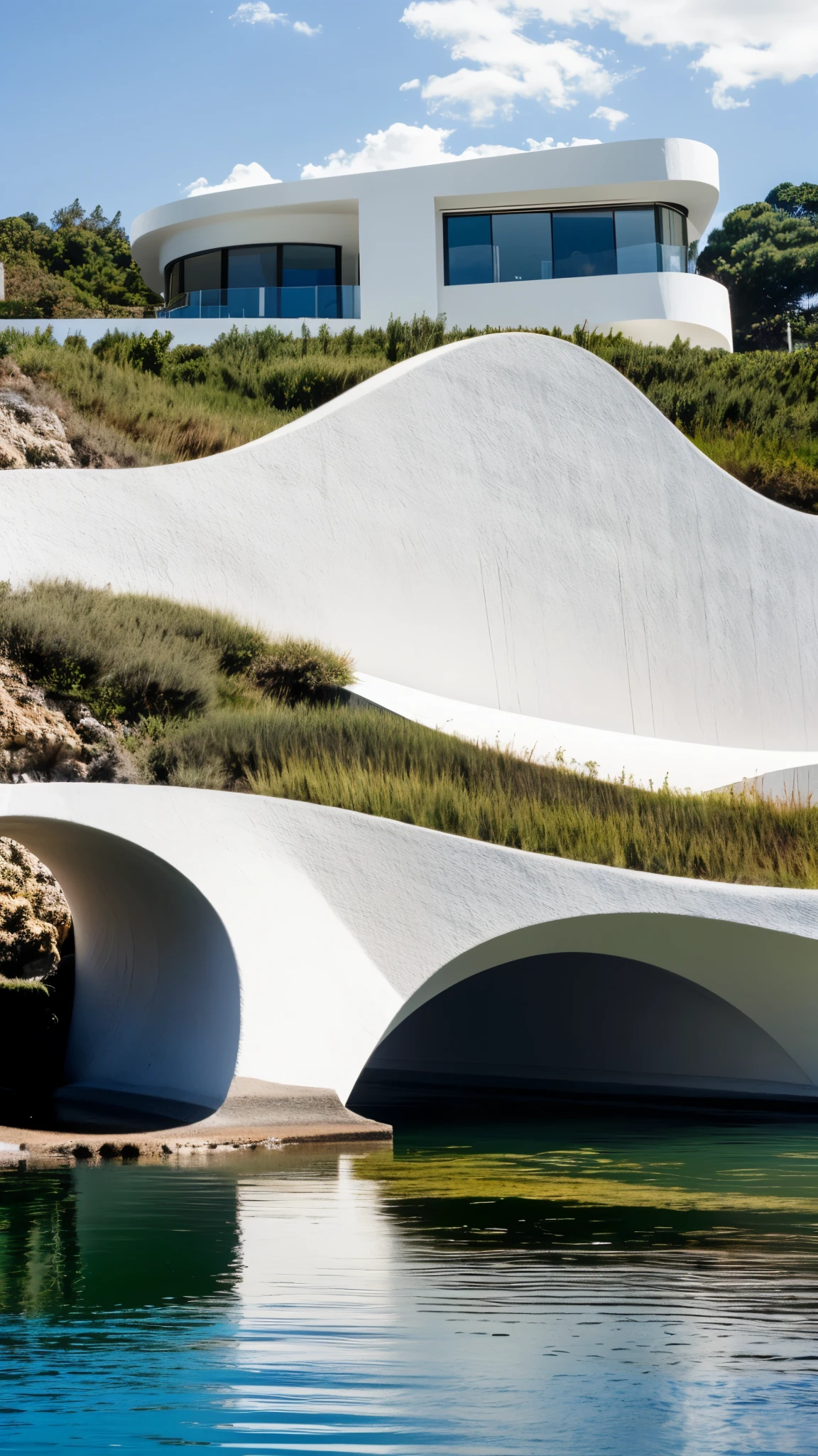 foto crua, (biomorphic museum building seen from outside), ((front elevation)), (limestone), Curvilinear, bordas curvas, Mediterranean sea environment, white sky, (luz difusa:1.3) (areia Branca), estilo minimalista, particulas sujas, fotografia de arquitetura, hiper-realista, super detalhado, 8k, Nikon Z6 mirrorless camera, Film grain