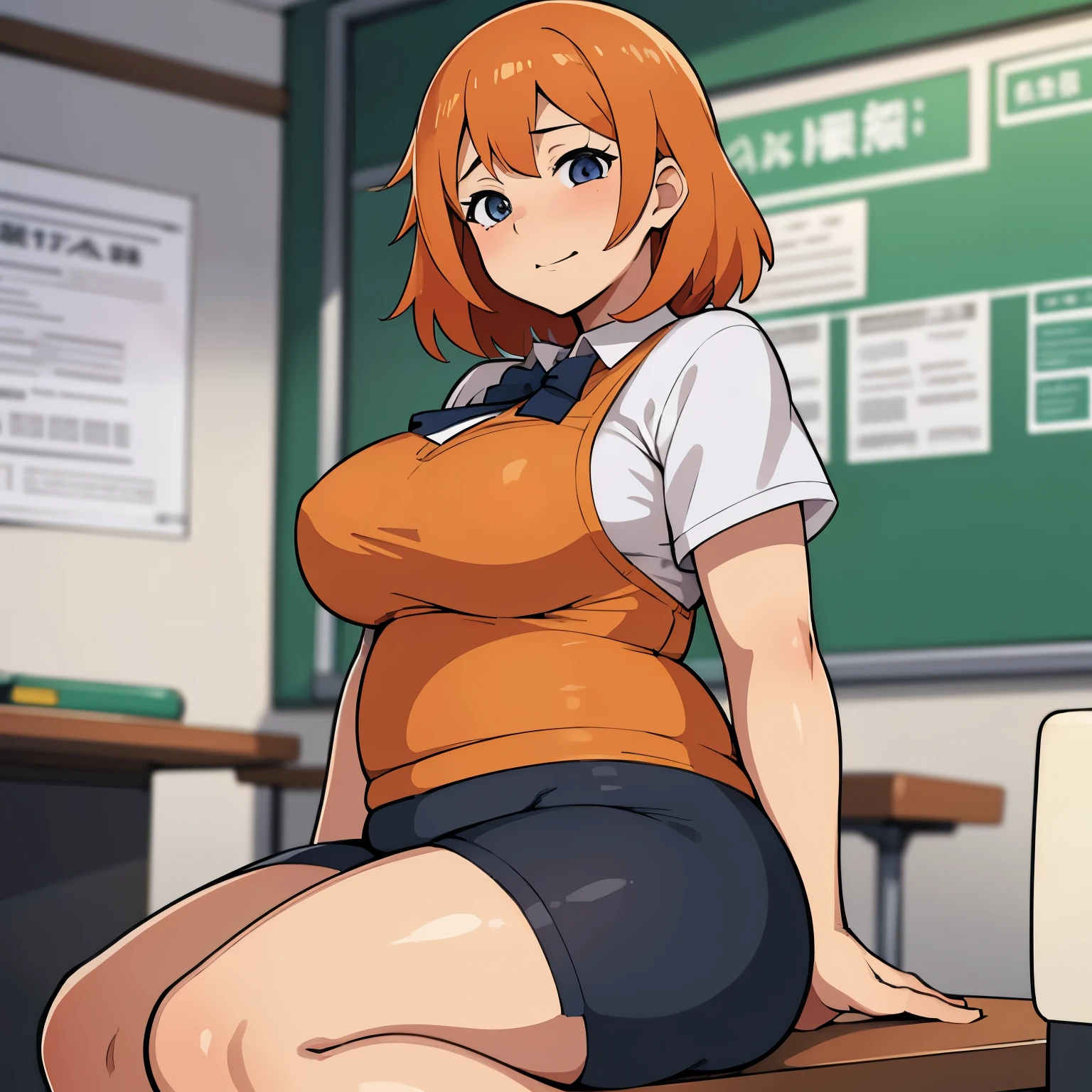 Obra maestra, ultra alta calidad, Anime illustration of a chubby, obese girl with orange hair wearing a very tight uniform and is in a classroom