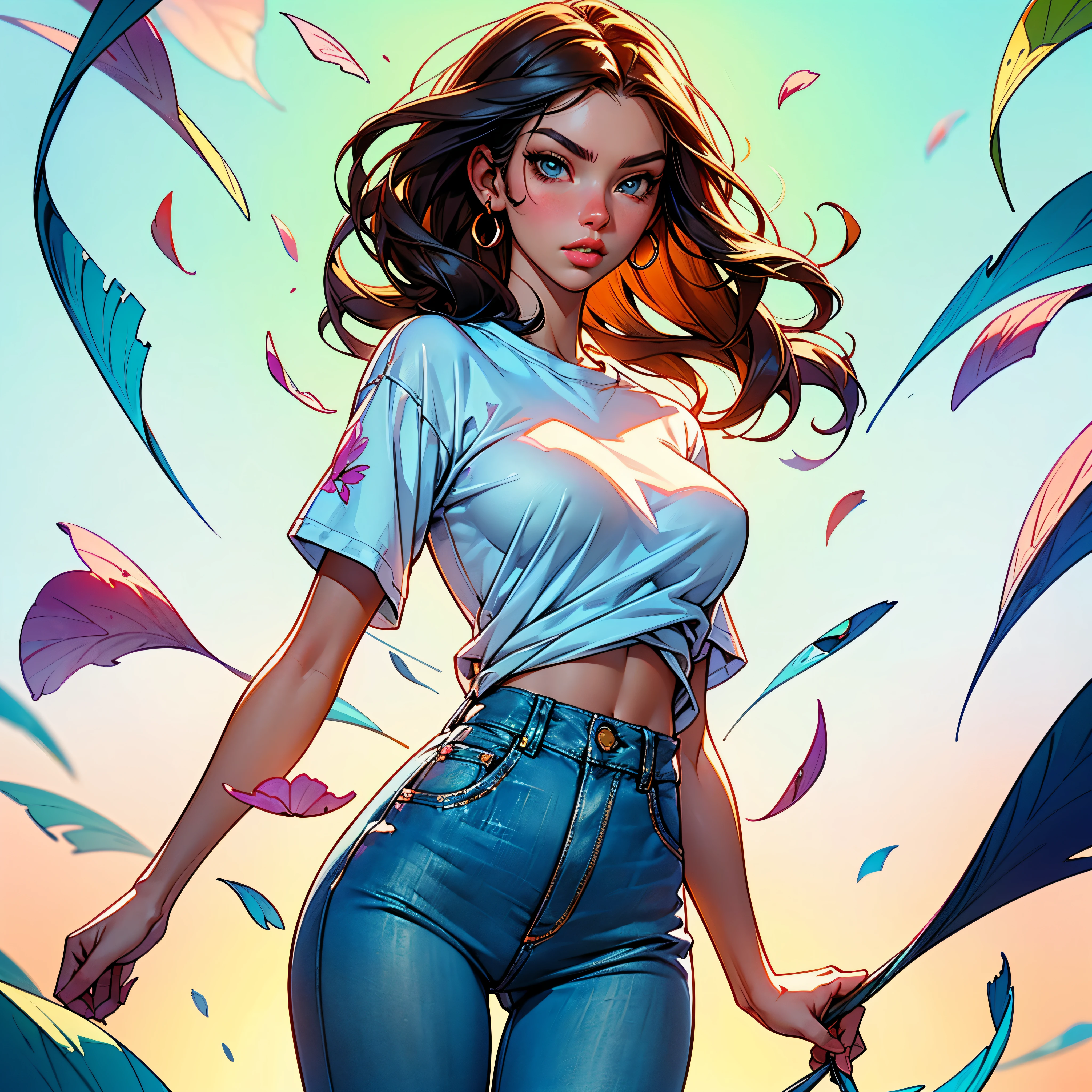 style FANTASTIC::Marc Silvestri ::5.0 COMIX illustration style, Fantastic Paintings--quality ,illustration style, DETAILED ,TATOON STYLE , Adriana Lima , gorgeous woman ULTRA DETAILED, (beautiful and clear background:1.2), (extremely detailed CG, ultra-detailed, best shadow:1.1), ((depth of field)), ((watercolor)), large breasts (with jeans and a white t-shirt:1.3), bare shoulders, flowers and petals, beautiful concept illustration , (white background:0.5), (illustration :1.1), (extremely fine and beautiful:1.1), (perfect details:1.1) varied multi etc. --v 6 --s 1000 --c 20 --q 20 --chaos 100