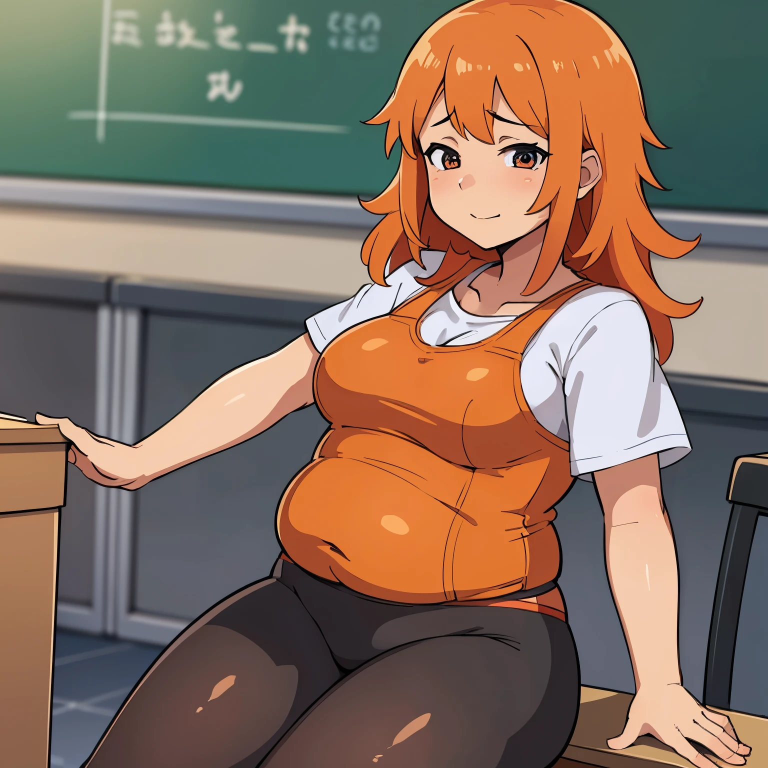 Obra maestra, ultra alta calidad, Anime illustration of a chubby, obese girl with orange hair wearing a very tight uniform and is in a classroom 