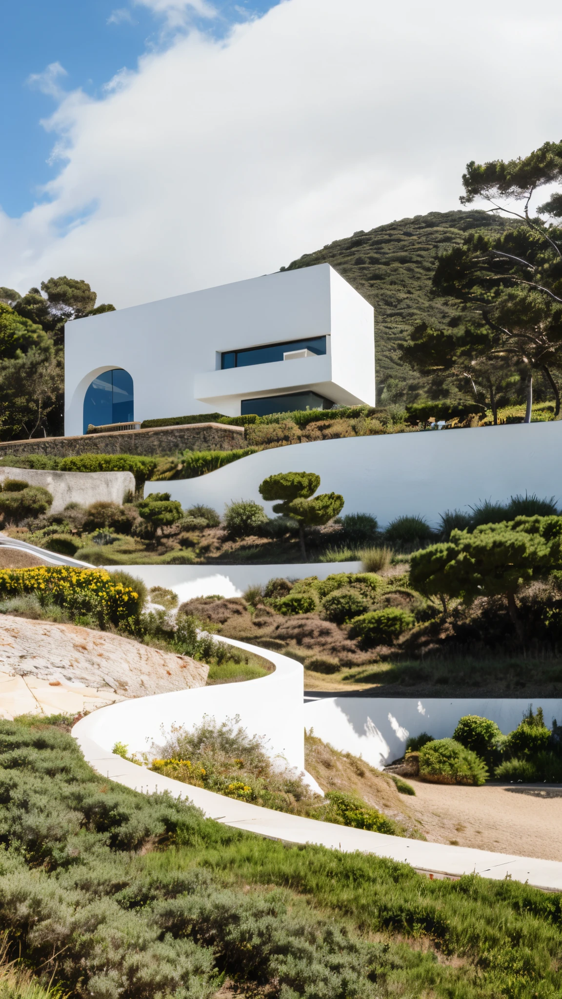 foto crua, (biomorphic museum building seen from outside), ((front elevation)), (blocos de terra), Curvilinear, bordas curvas, Mediterranean sea environment, white sky, (luz difusa:1.3) (areia Branca), estilo minimalista, particulas sujas, fotografia de arquitetura, hiper-realista, super detalhado, 8k, Nikon Z6 mirrorless camera, Film grain