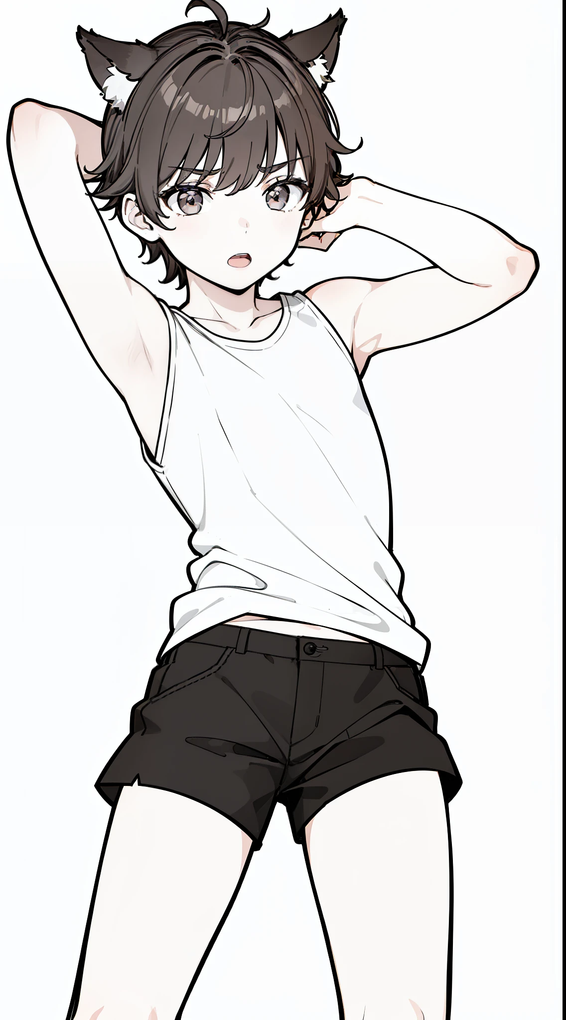 (1boy,),solo,brown hair,shorthair,wolf ears,blackshirt,sleeveless,black shorts,cowboy shot,(white background,line drawing),sitting,closed eyes, open mouth, happy