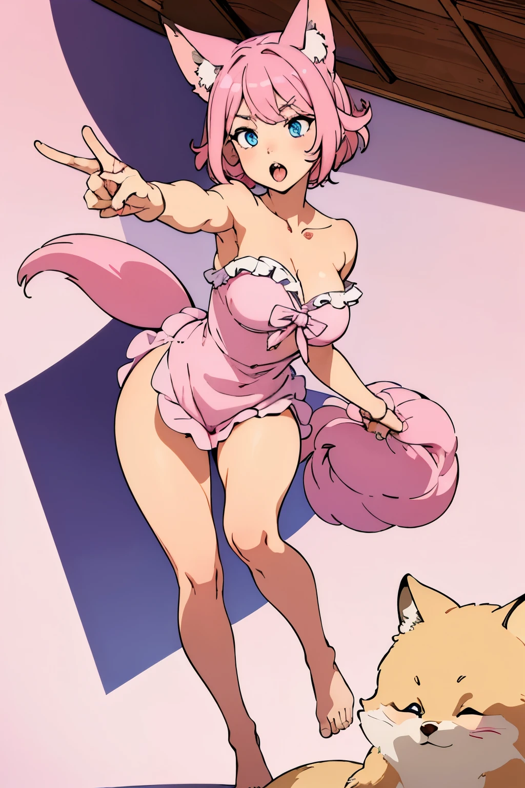 (Best quality:1.1), (Masterpiece:1.4), (Illustration fantastique:1.2), 1fille, ((bimbo)), Cute girl, Short tied pink hair, a large lock of hair covering one eye, fox ears, blue eyes half open and half closed, pink cheeks, open mouth, tongue hanging down, drooling saliva, Top shooting angle, full body