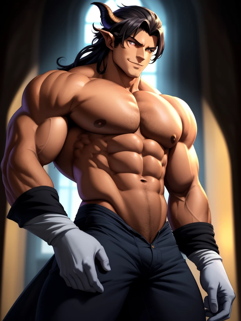 32k, (masterpiece), ultra quality, ultra highres, (anime illustration), (mature male draph:1.3), (cowboy shot), muscular devil (man), beautiful perfect face, masculine jawline, flat pecs, [[big arms]], hunk, confident posture, (black spiky hair), (glaring silver eyes:1.2), (elegant), , oozing  energy, homo, sharp focus, soft lighting, vibrant colors, (detailed face), ((detailed eyes)), perfect face, symmetric eyes, evil smile, Reinhardtzar, Malos, standing,  arousal, (noble), dynamic pose, stand tall.