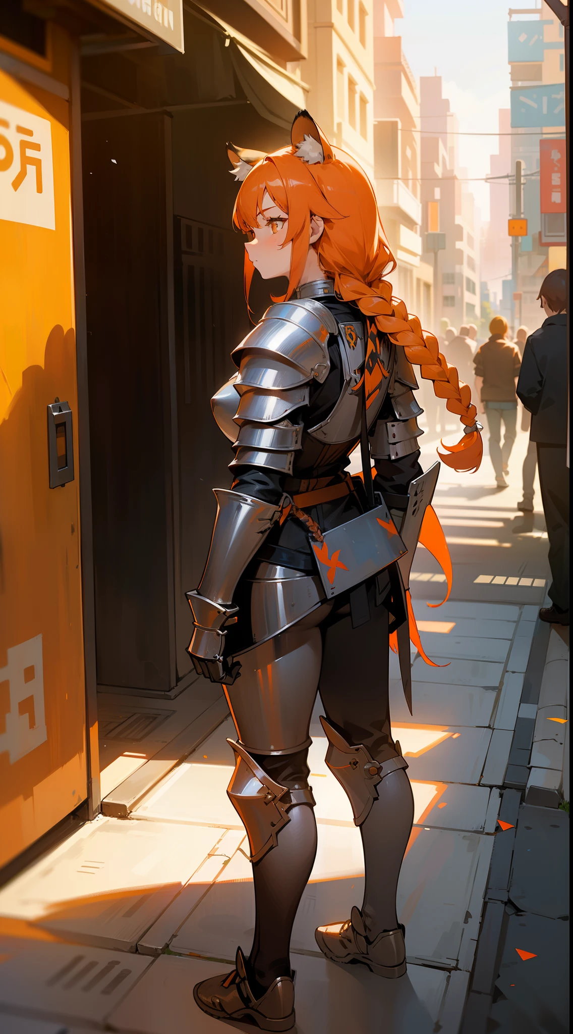 1girl,20 years old,mature female,tiger ears,long hair,(twin braids),orange hair,,orange eyes, silver templar knight armor,(standing in a sidewalk in a city),((several people in the background,day,sunlight)),surprised,standing,from back,